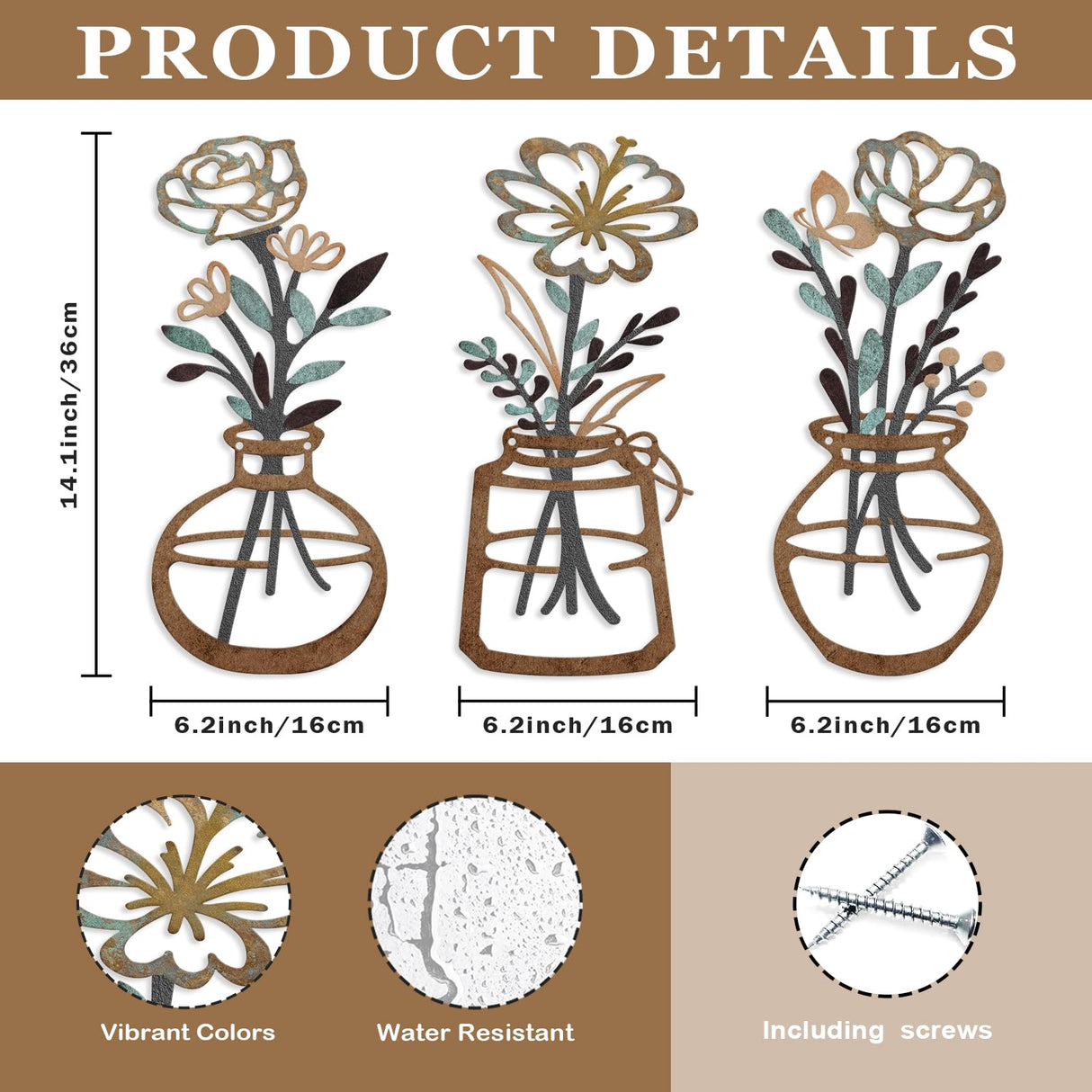 ARTINME 3 Pieces Metal Flowers Wall Arts - Rustic Farmhouse Decor Minimalist Flower Wall Decors for Living room Bathroom Kitchen Bedroom Dining Room - Housewarming Gifts (Brown) ARTINME