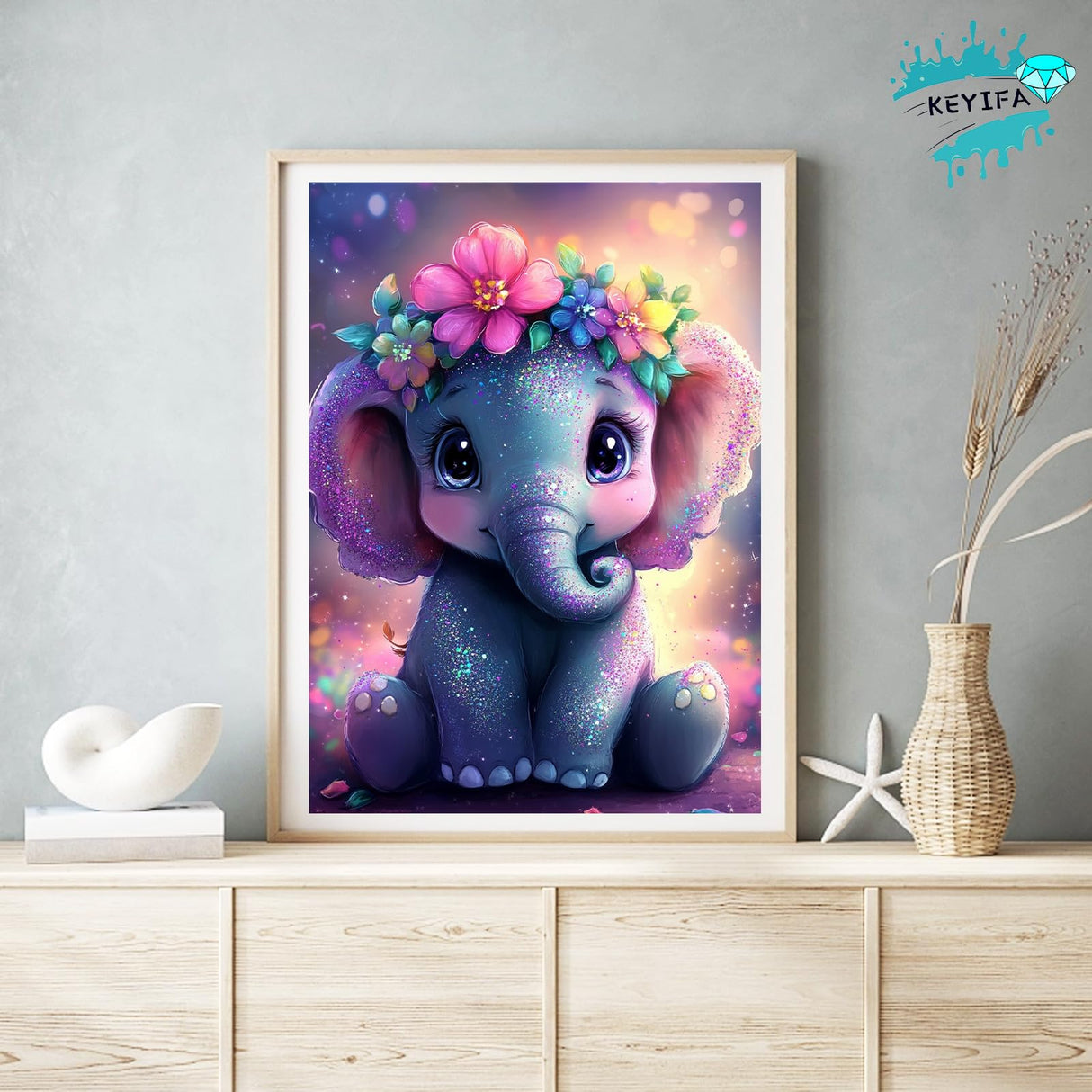 KEYIFA Diamond Art Kits for Adults, DIY Diamond Painting Baby Elephant, Round Full Drill, 5D Animal Diamonds Dots Mosaic Painting, Crystal Gem Arts Craft for Home Wall Decor 30x40cm KEYIFA