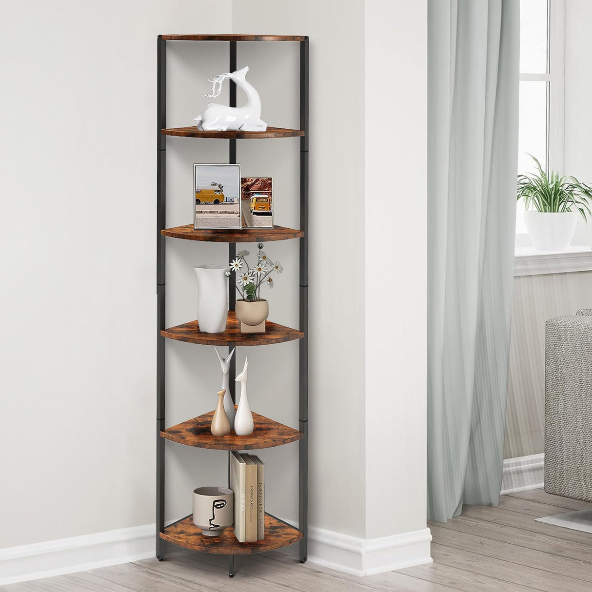 IRCPEN 6 Tier Corner Shelf, Industrial 63.1" Tall Ladder Corner Storage Shelf with Adjustable Feet,Rustic Display Rack Multipurpose Bookshelf Bookcase,Plant Stand for Living Room, Bedroom (Brown) IRCPEN