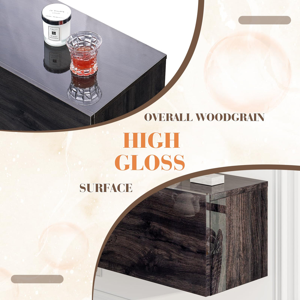 LUXOAK 70" Woodgrain High Gloss Floating TV Stand with LED Lights & Charging Station, Wall Mounted Media Entertainment Center for TVs Up to 80", Modern Floating TV Console for Living Room, Black LUXOAK