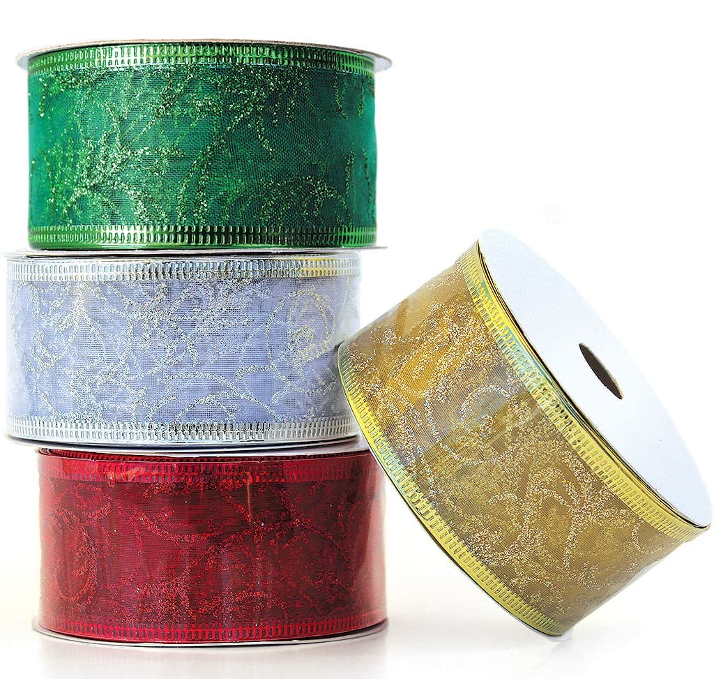 Christmas Ribbon Wired 1.5 Inch Set of 4 Ribbon Wire Red, Green, Gold, Silver/White Sheer Organza Glitter Gift, Xmas Ribbons Decoration, Holiday Craft, Gifts Wrap 40 Yards / 10 Yard Ea. Roll OLYPHAN
