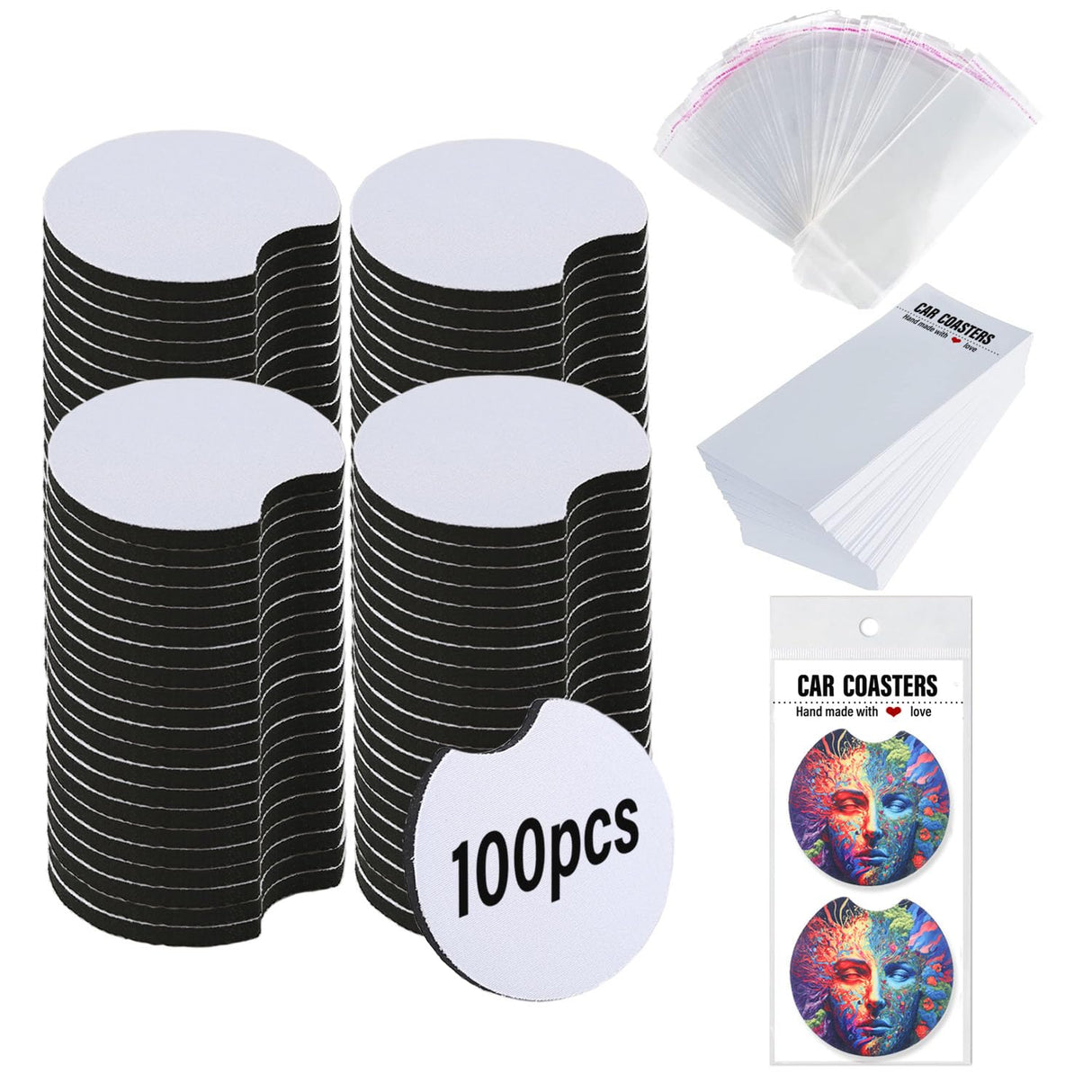 100 PCS Sublimation Blank Car Coasters with Car Coaster Packaging, 2.75 in Circular Opening Blank Sublimation Coasters for Thermal Sublimation DIY Crafts,Car Coasters for Selling Horsdo