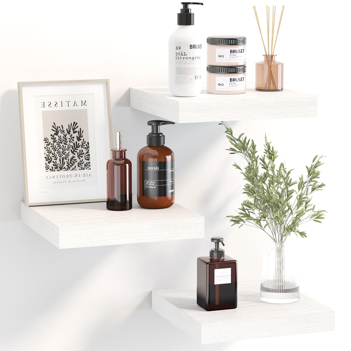 Fixwal Floating Shelves for Wall, Small White Shelves Wall Mounted Shelf for Bathroom, Living Room, Bedroom, Kitchen Decor (Set of 3, 8x8) Fixwal