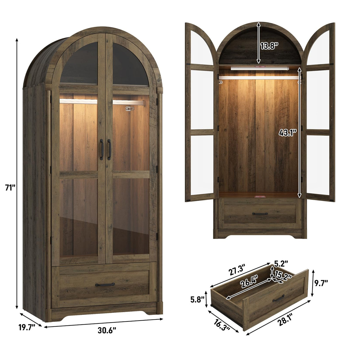 chartustriable 2 Doors Arched Armoire Wardrobe Closet w/Drawers,LED Light,Wooden Closet Wardrobe Cabinet with Hanging Rod for Bedroom,Modern Armoire Storage Cabinet w/Shelf,Rustic Oak chartustriable