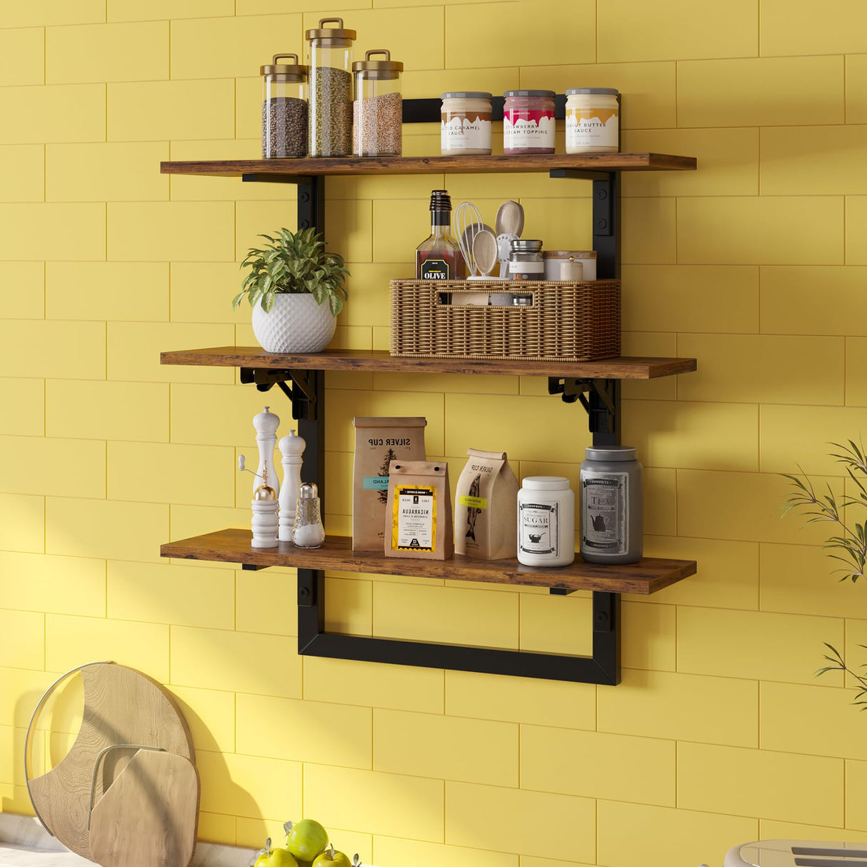 Bestier Floating Shelves for Wall, 24 inch Kitchen Shelves Wall Mounted, 3 Tier Coffee Bar Shelf with Foldable Brackets, Industrial Display Shelf for Bathroom, Living Room, Rustic Brown Bestier