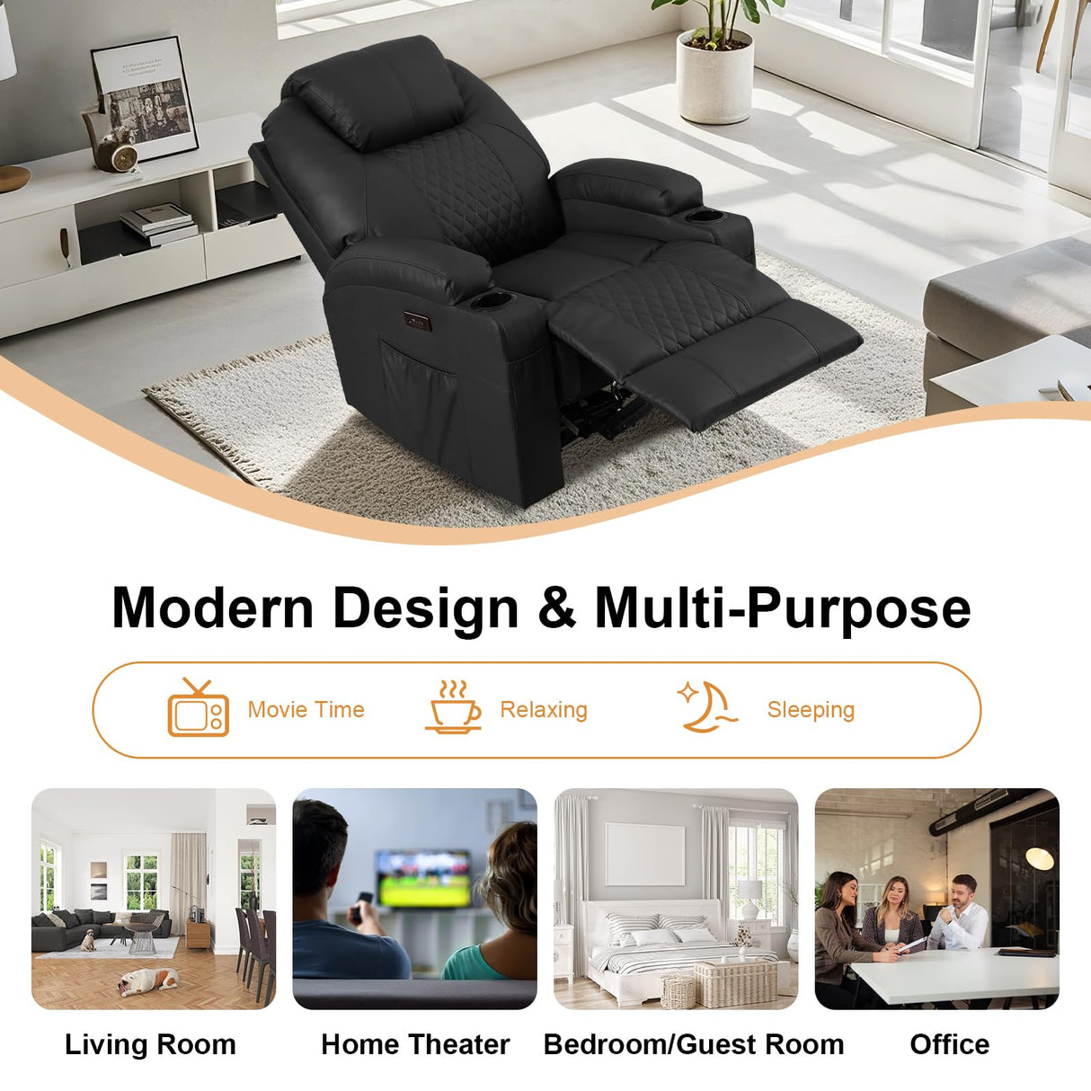 AHMED Power Recliner Chair with Vibration Massage & Heat for Adults, Faux Leather Home Theater Seating with Cup Holders/LED Lights/USB Ports/Side Pockets for Living Room, Black AHMED