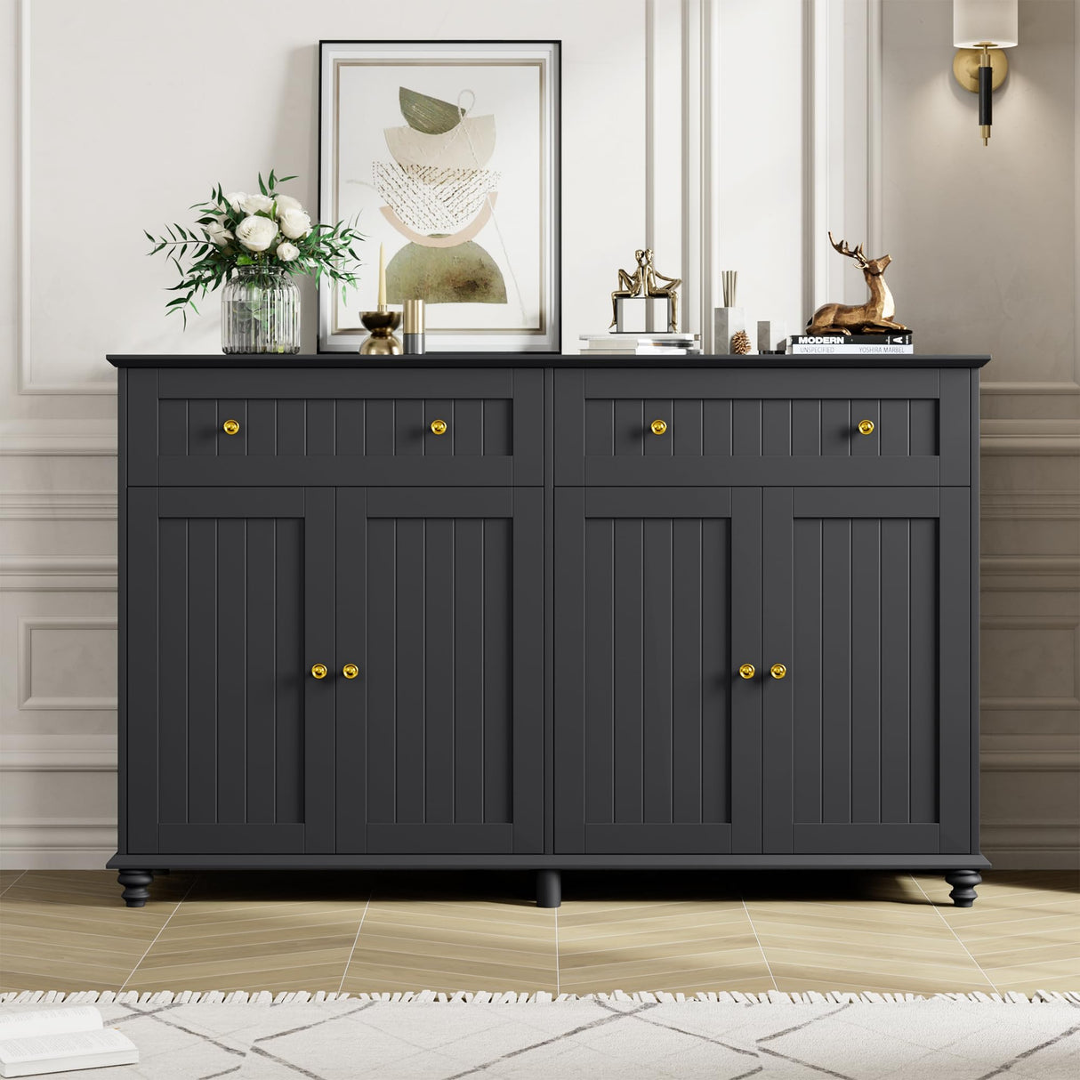 finetones Buffet Cabinet with Storage, 55.1” Large Sideboard Buffet Cabinet, Black Kitchen Cabinet Display Cabinet with 2 Drawers and 4 Doors, Wood Coffee Bar Cabinet for Kitchen Dining Room finetones
