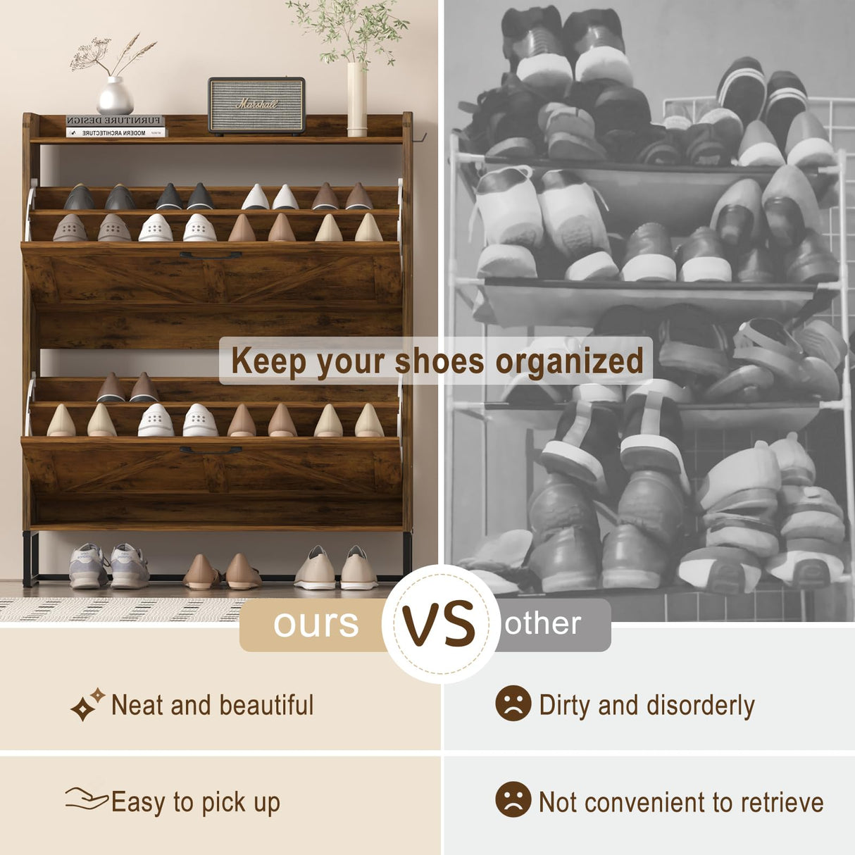 Urban Deco Wooden Shoe Storage Cabinet for Entryway, Organizer Shoe Cabinet with 2 Flip Drawers, Elegant 2 Tier Freestanding Shoe Organizer (Rustic Brown) Urban Deco