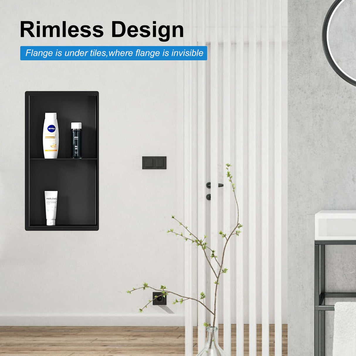 BWE Bathroom Wall Niche,12" X 24" X 4" Stainless Steel Shower Niche,Rimless Recessed Shower Shelf for Bathroom,Double Shelves Niche,No Tile Needed Matte Black BWE