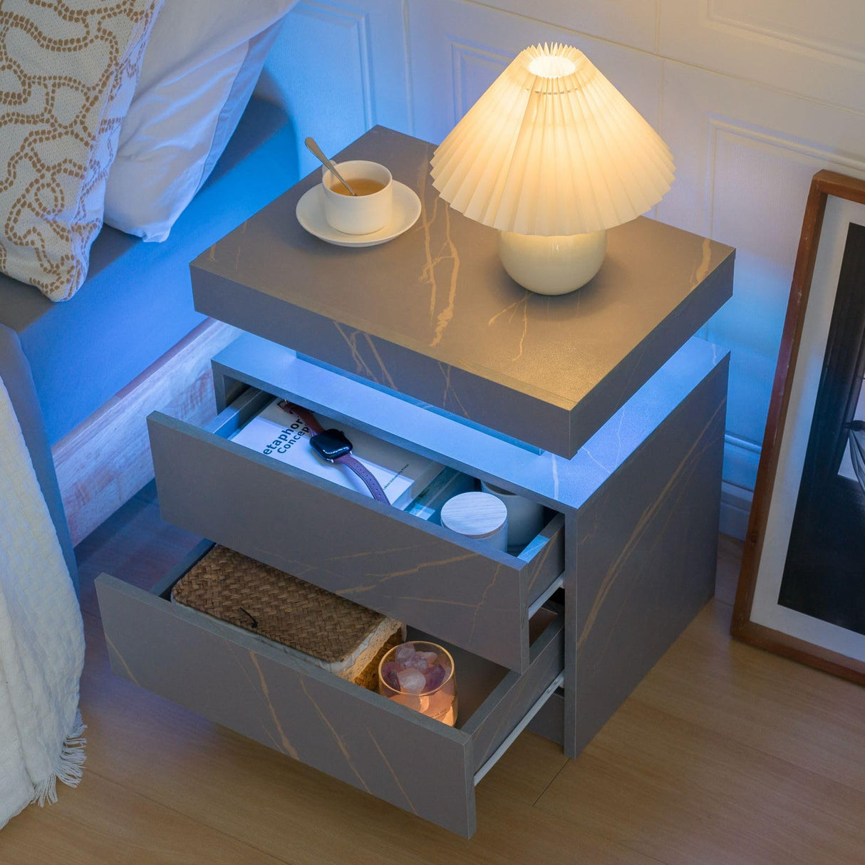 Bingoday LED Nightstand LED Bedside Table with 2 Drawers, Wooden Cabinet Unit with LED Lights for Bedroom, End Table Side Table for Bedroom Living Room Bingoday