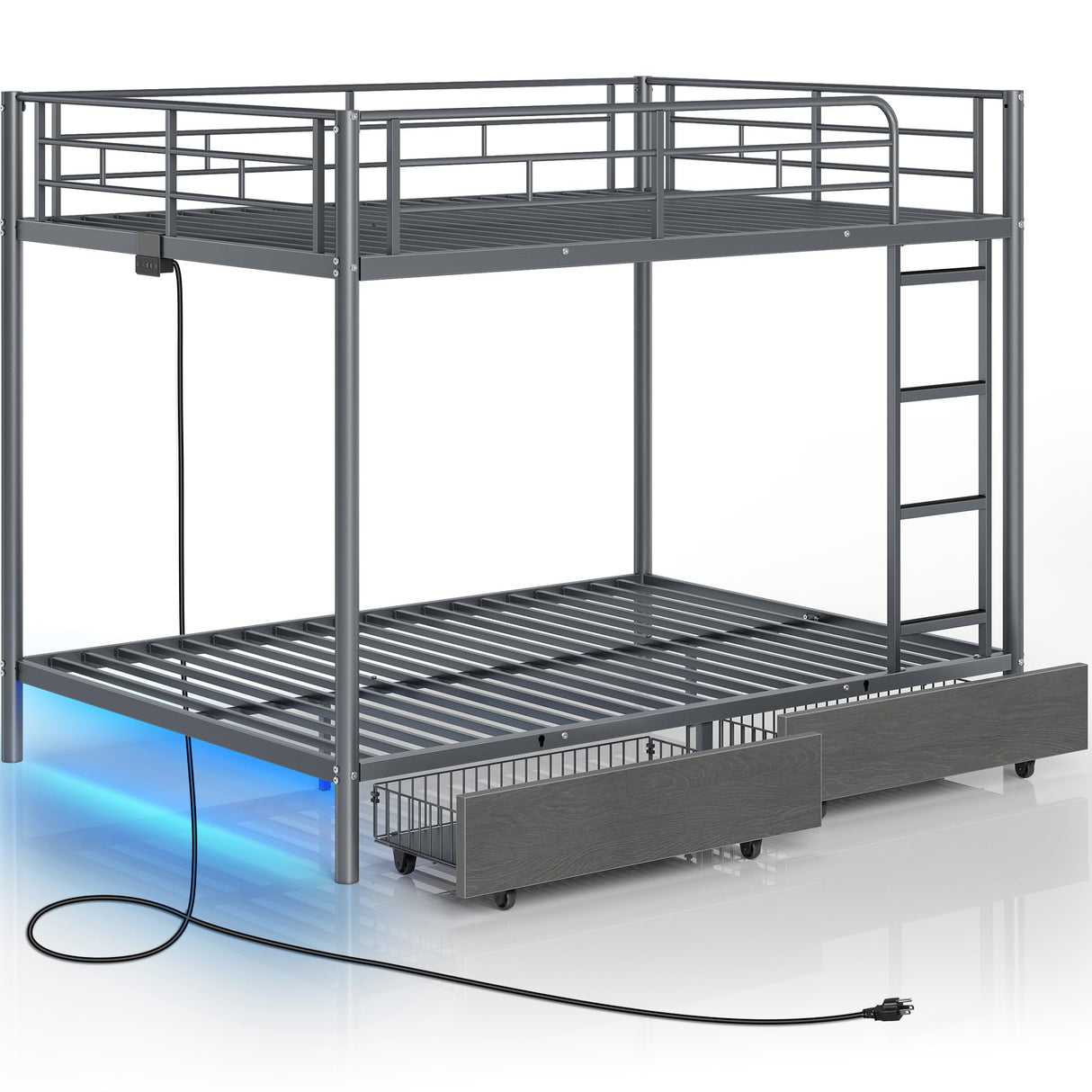 Rolanstar Metal Bunk Bed Full Over Full with USB Charging Station, LED Bunk Bed with 2 Storage Drawers, Bed with Safety Guardrail & Ladders, No Box Spring Needed, Easy Assembly, Grey Rolanstar