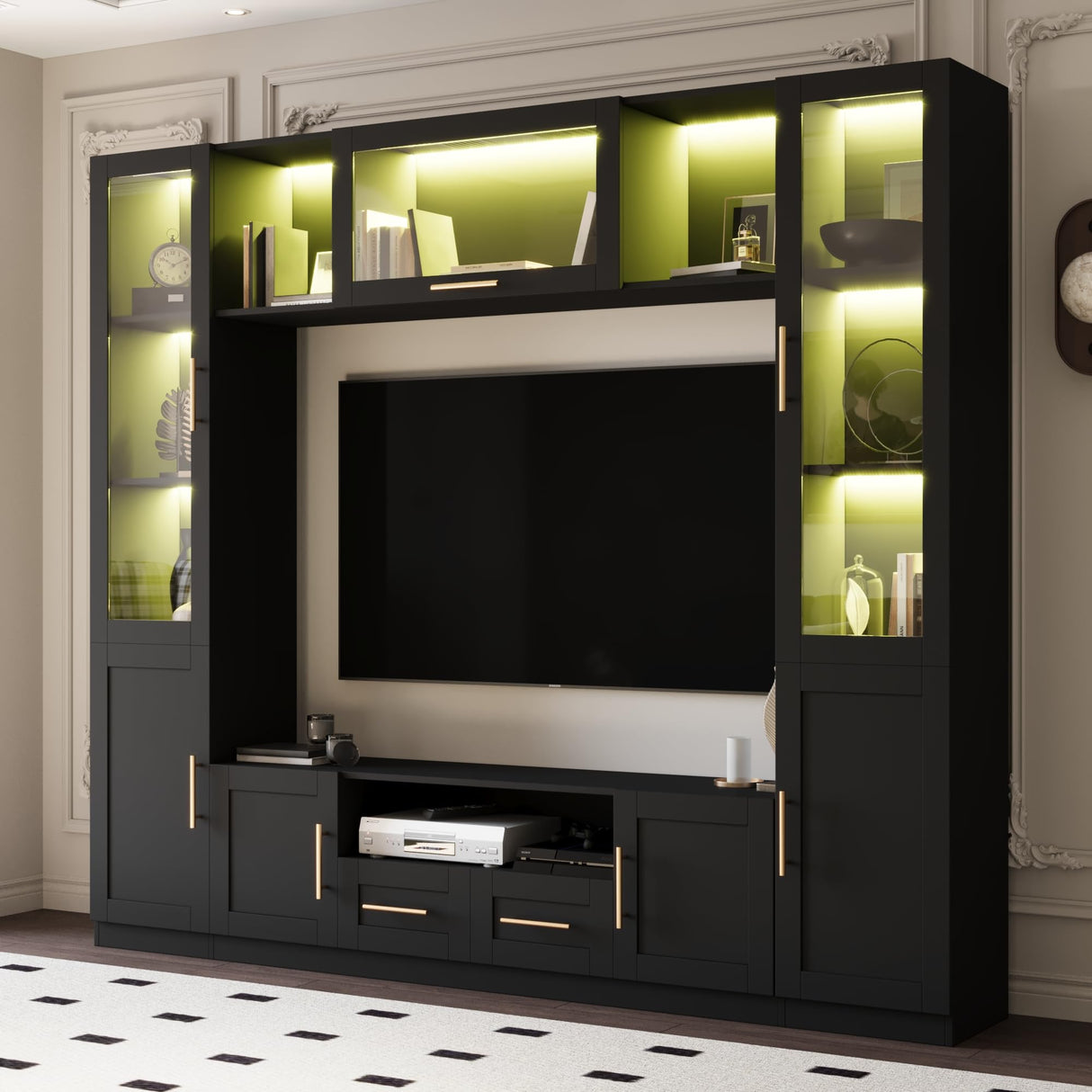 Mekminop 4-Piece Wall Unit TV Stand with LED Lights for TVs up to 70", Large Entertainment Center with Bookshelves & Bridge, Modern TV Console for Living Room, Black Mekminop