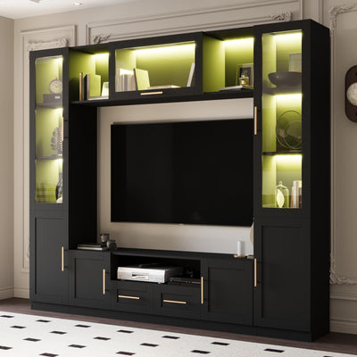 Mekminop 4-Piece Wall Unit TV Stand with LED Lights for TVs up to 70", Large Entertainment Center with Bookshelves & Bridge, Modern TV Console for Living Room, Black