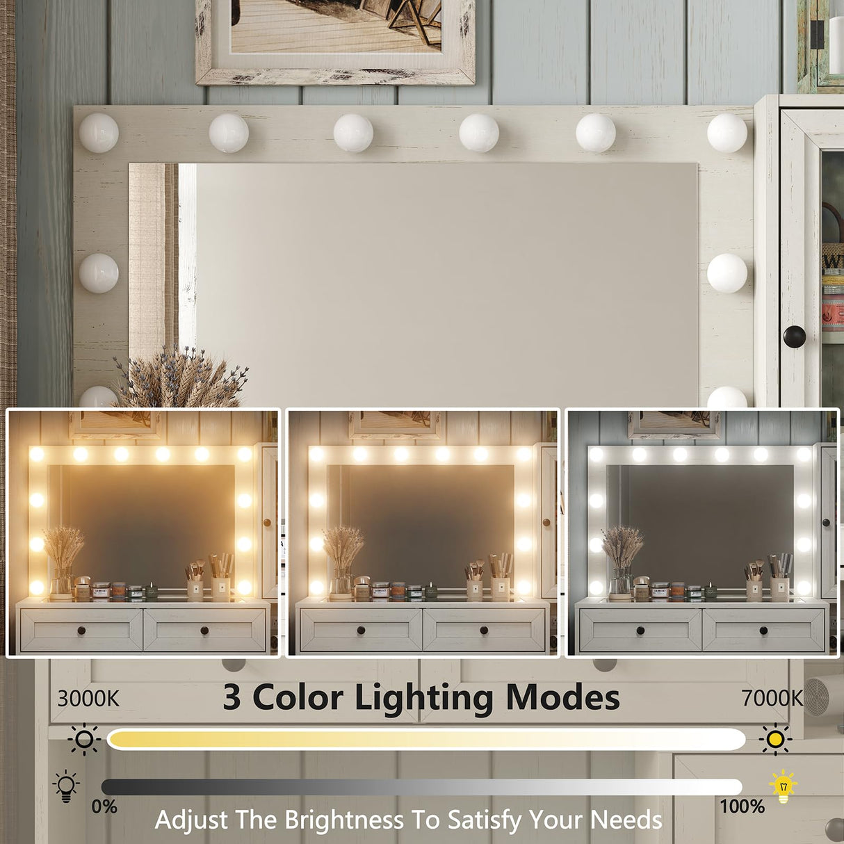 Diwnnue Large Farmhouse Mirror Vanity Desk with LED Bulbs White Makeup Table Set Glass Tabletop for Bedroom Charging Station & Power Outlet Adjustable Light Mode Diwnnue