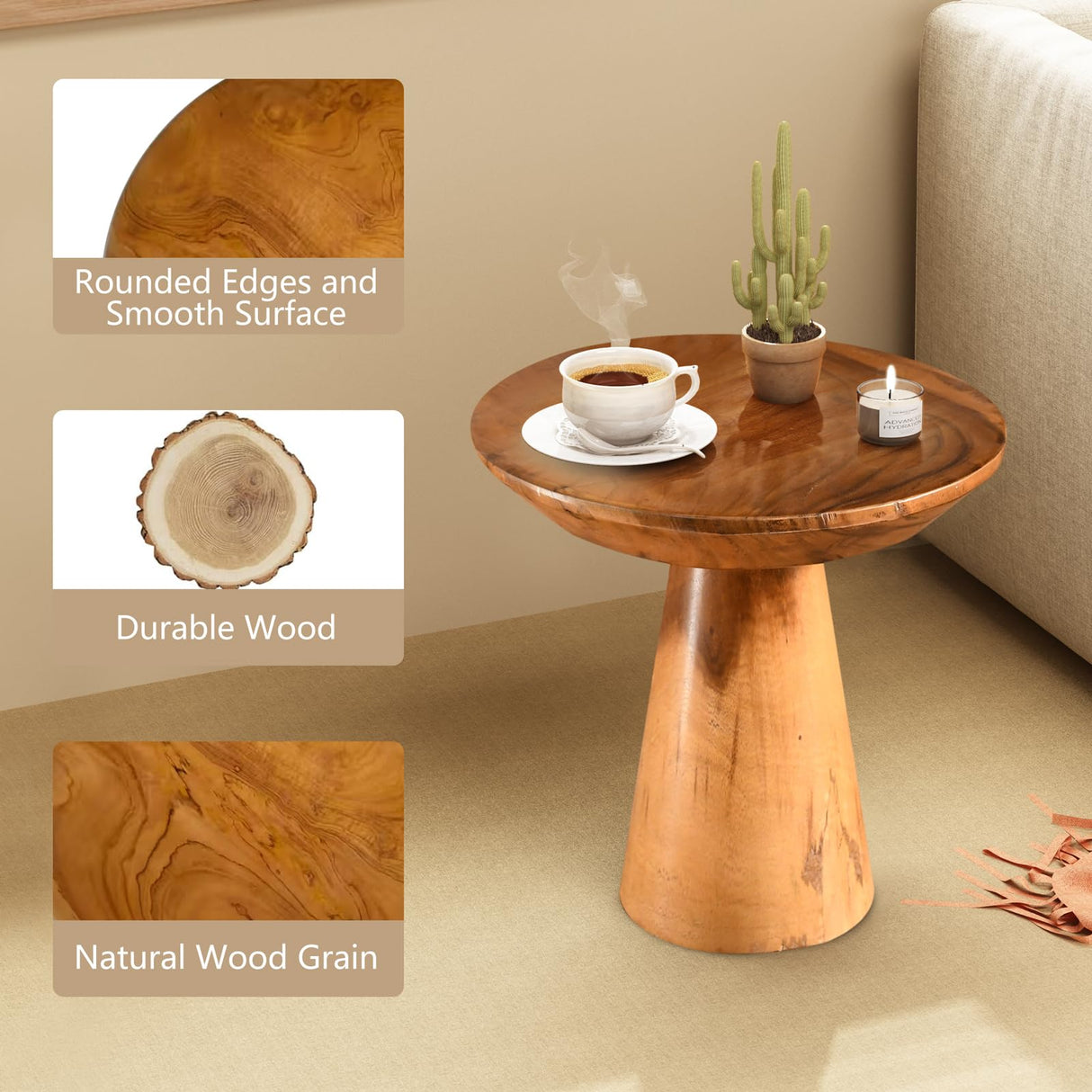JOLLYMER Mushroom Side Table, Teak Stool, Natural Plant Stand, 14" Tall Wood Round Coffee Table for Living Room, Bedroom, Garden, Yard JOLLYMER