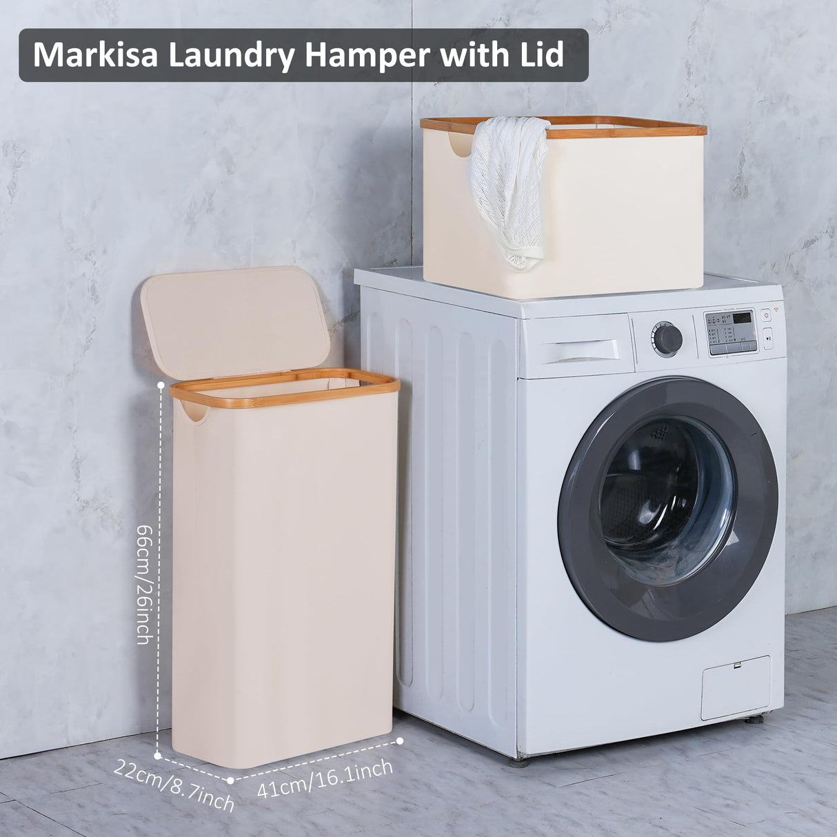 Merkisa Slim Laundry Basket,Tall laundry Hamper with Lid,60L Hamper for Laundry,Dirty Cloth Hamper with Bamboo Handle for Toys,Towels, Clothes Organizing,Beige Merkisa