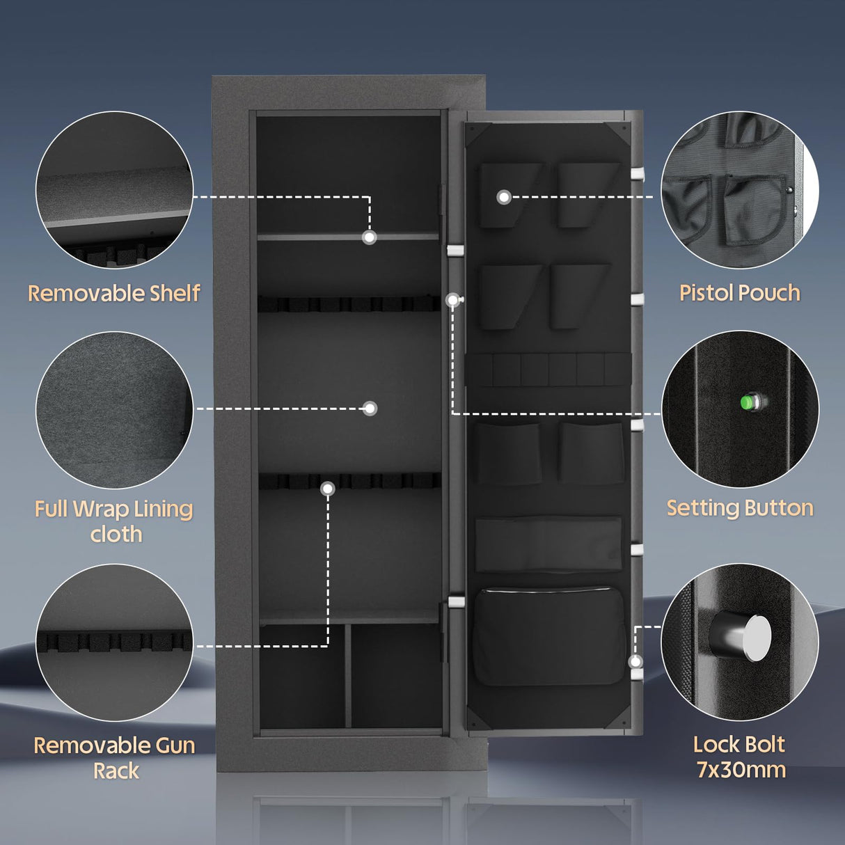 KAER Fireproof Gun Safe Biometric 20 Gun Safe for Rifles and Pistols 30 Minute Fire Protection Heavy-Duty Fingerprint Gun Cabinet for Shotguns with Digital Keypad, Large Quick Access (Grey) KAER