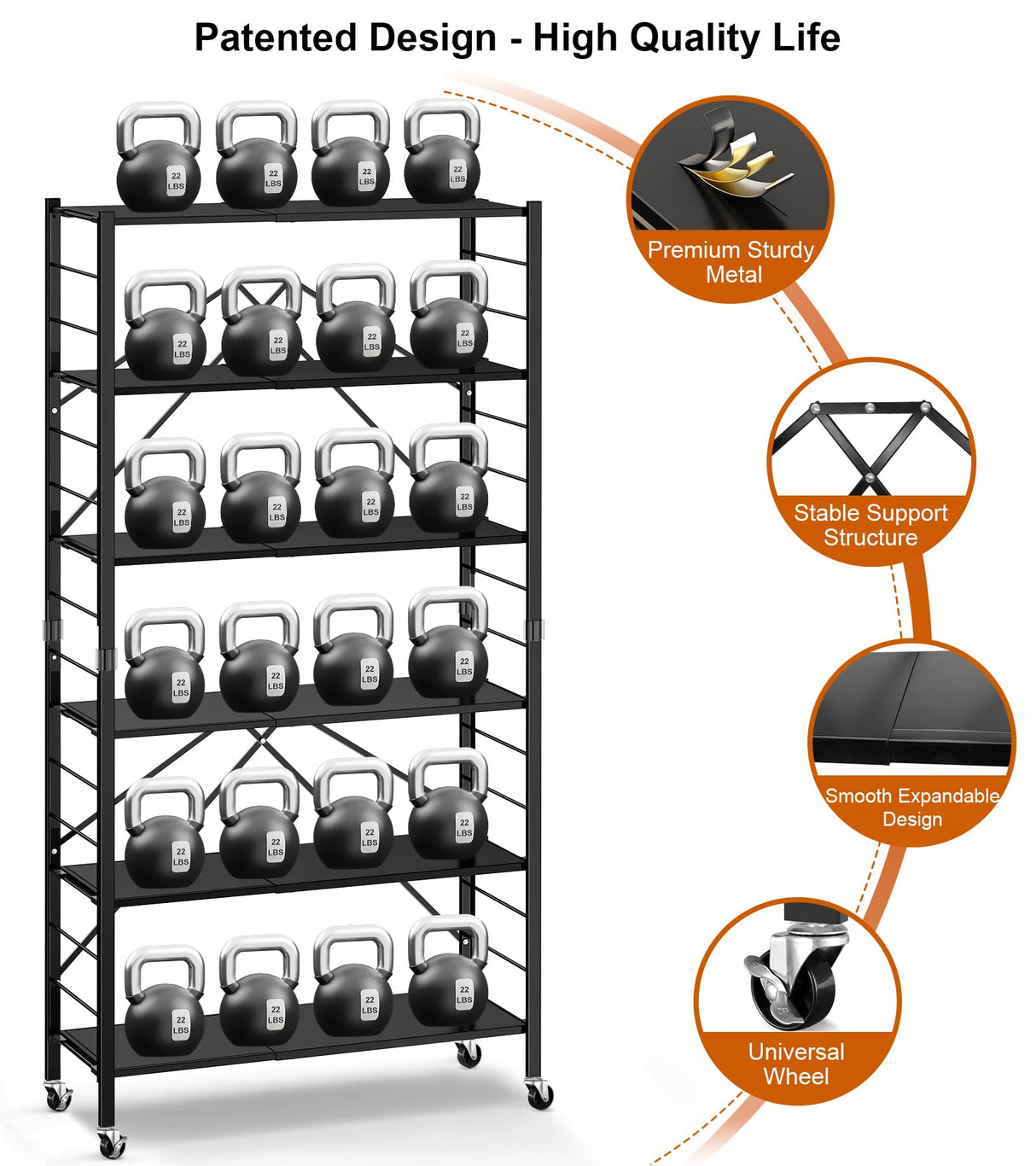 Himix 6 Tier Foldable Storage Shelves, Expandable Folding Bookshelf with Wheels, Changeable into 2 Shelf Units, Collapsible Adjustable Storage Rack Metal Shelves for Garage, Kitchen, Black Himix