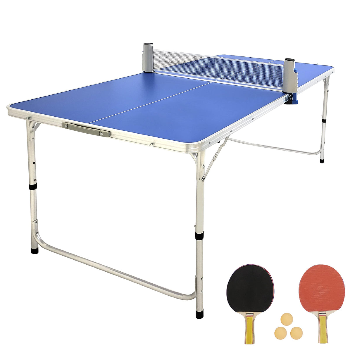 EasyGo Product Ping Pong Table Tennis Space Saving & Easy Storage Includes (2) Regulation Paddles (3) Balls and (1) Easy Clamp Net Table Size 5 Foot X 2.5 Foot Legs 24β-28β Tall - Blue 5ft EasyGo Product