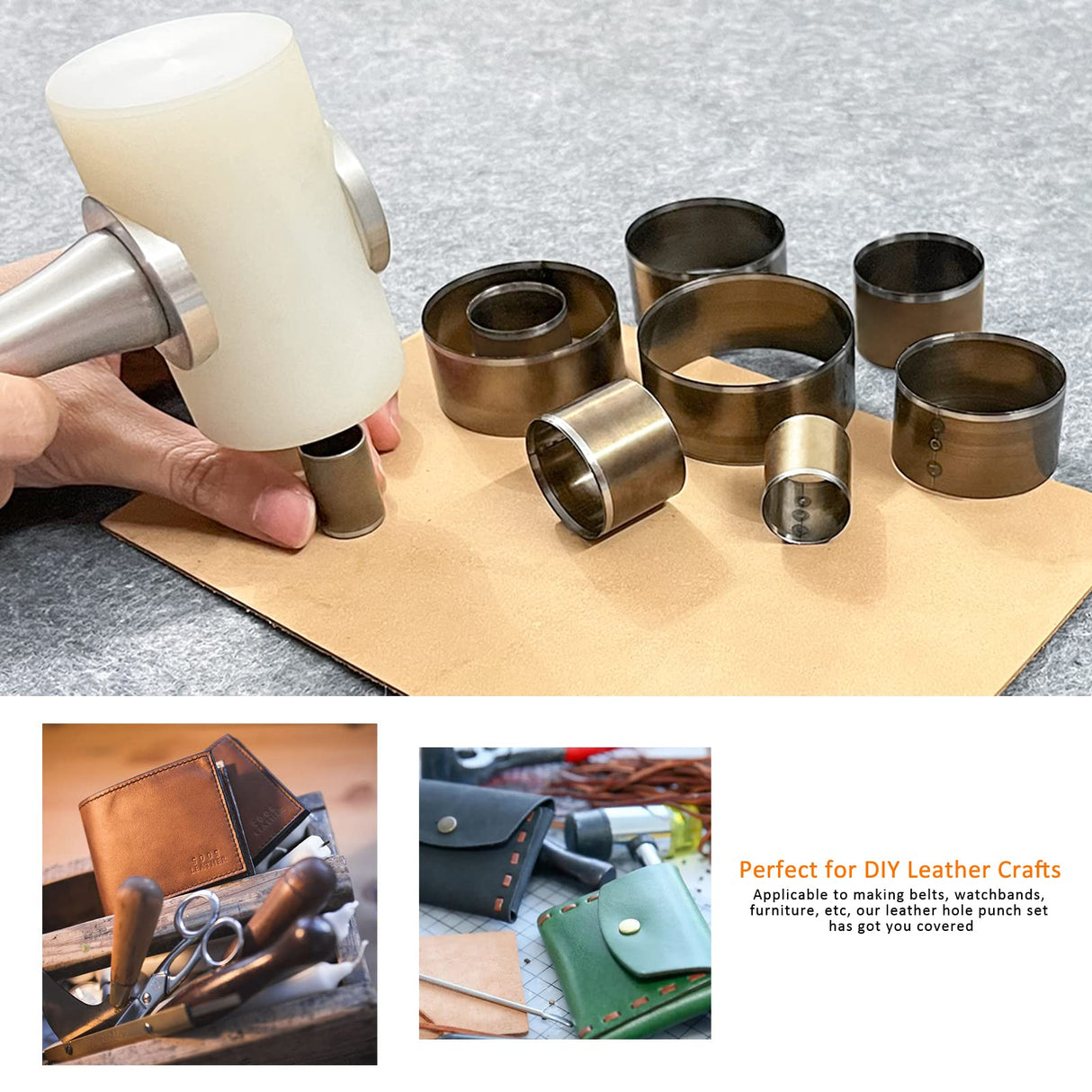 YKSPLUSK Leather Circle Cutter Tool Set, 9 Pieces Circle Punch Tools 15 20 25 30 35 40 45 50 55mm, High Carbon Steel Round Leather Cutting Dies - Leather Hole Punch Tool Kit for DIY Leather Crafts YKSPLUSK