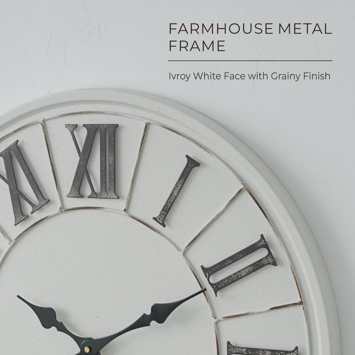 PILIHOME Large Farmhouse Wall Clock - 24 inch, Rustic White, Distressed Roman Numeral, Metal Face, Battery Operated, Modern Farmhouse Decorative Wall Clock for Living Room Decor PILIHOME