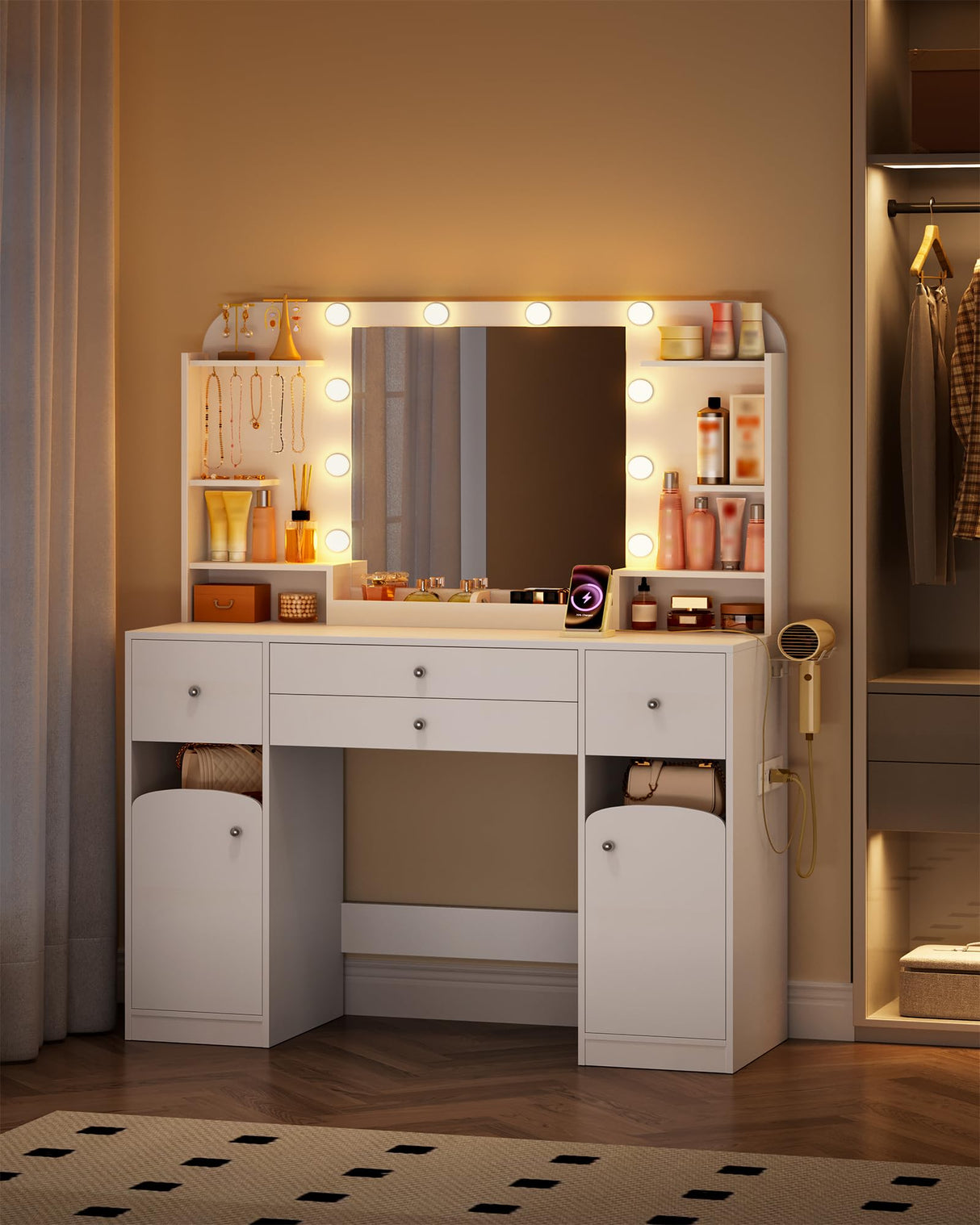 HEXCELEN 42.5" Large Vanity Desk,Dressing Table with Mirror and LED Light, Power Strip, 4 Drawers, 2 Open Storage Cabinets, and Jewelry Storage for Bedrooms, White HEXCELEN