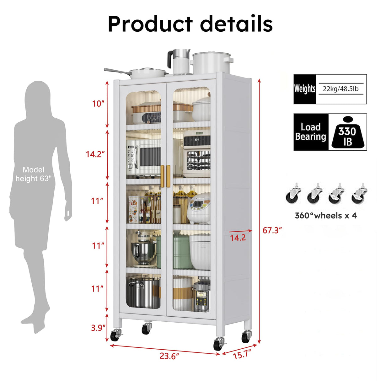67.3" Kitchen Pantry Storage Cabinet,Display Storage Cabinet with Acrylic Glass Doors, Adjustable Shelves & Wheels,Metal Tall Food Pantries Cabinets,for Kitchen, Living Room and Dining Room, White Legendstone