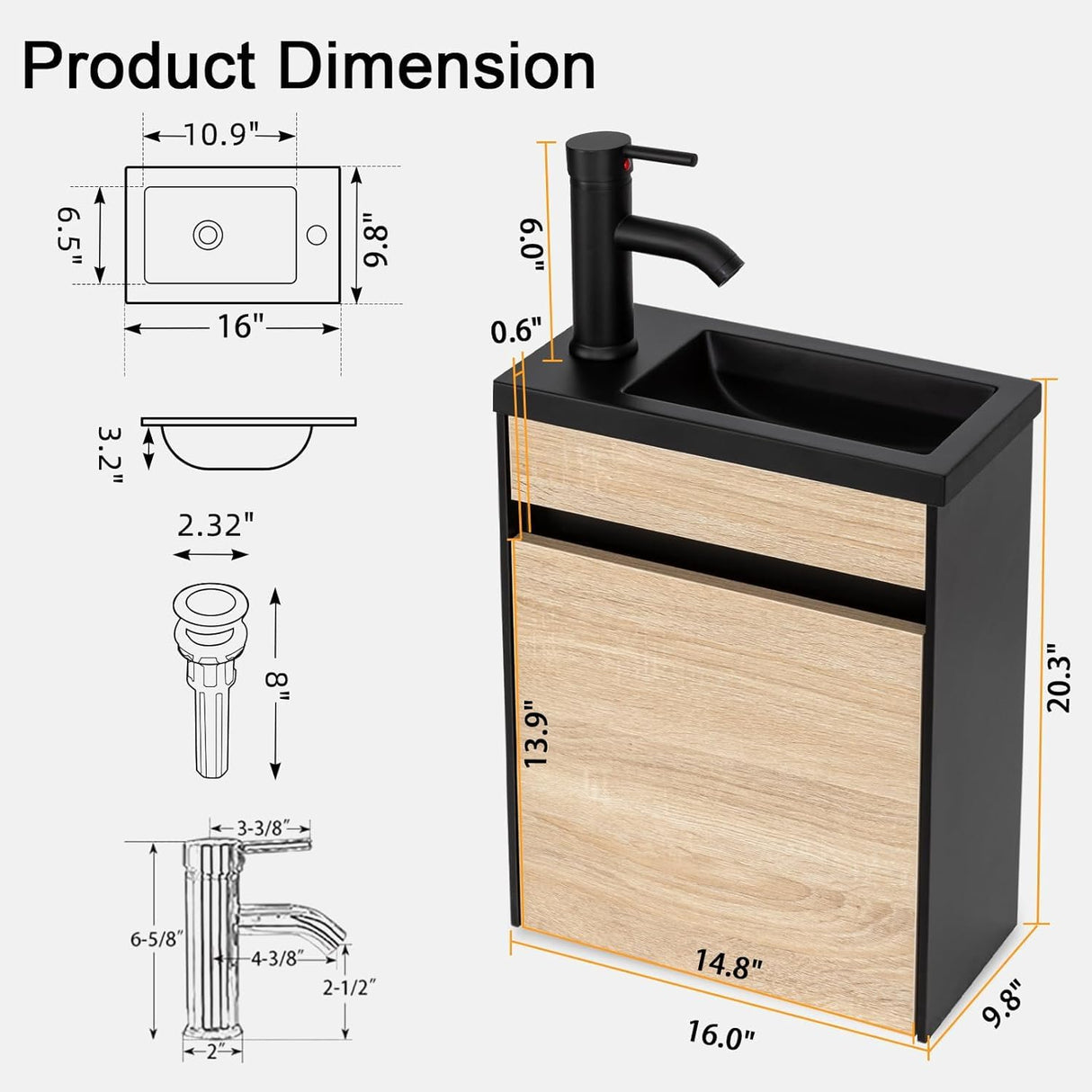 UEV 16" Small Bathroom Vanity Wall Mounted,Black and Natural Mixed Small Bathroom Vanity with Ceramic Sink,Bathroom Vanity and Sink Set with Frosted Black Faucet P-Trap (BN B10-New) UEV