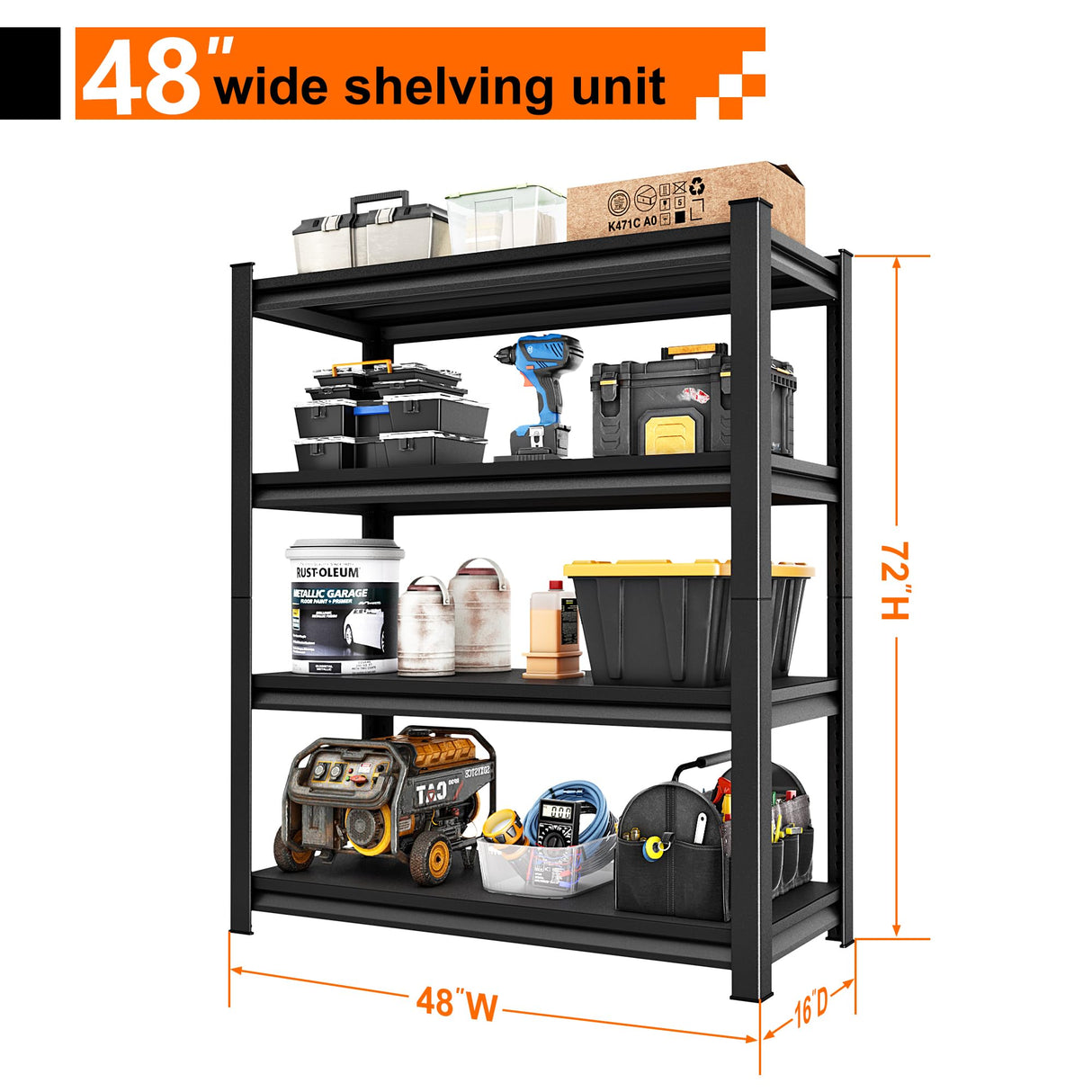 Huhaneon Heavy Duty Garage Shelves - 48''W 2,200Lbs Metal Adjustable Storage Shelving Rack Units for Warehouse Kitchen Pantry Basement 4 Tier Black 47.2" W x 15.7" D x 63" H Huhaneon