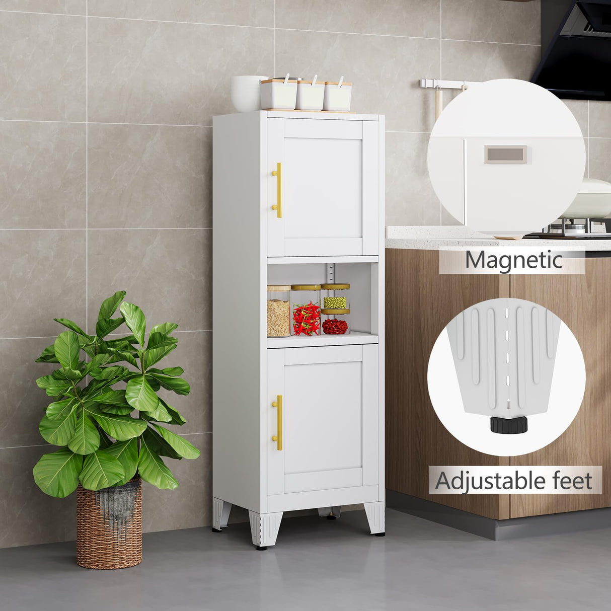 RISTERN 48" Metal Bathroom Storage Cabinet, Kitchen Pantry Storage Cabinet with 2 Doors and Adjustable Shelves, Steel Corner Floor File for Bathroom, Living Room, White, 11.81"D x 15.75"W x 47.64"H RISTERN