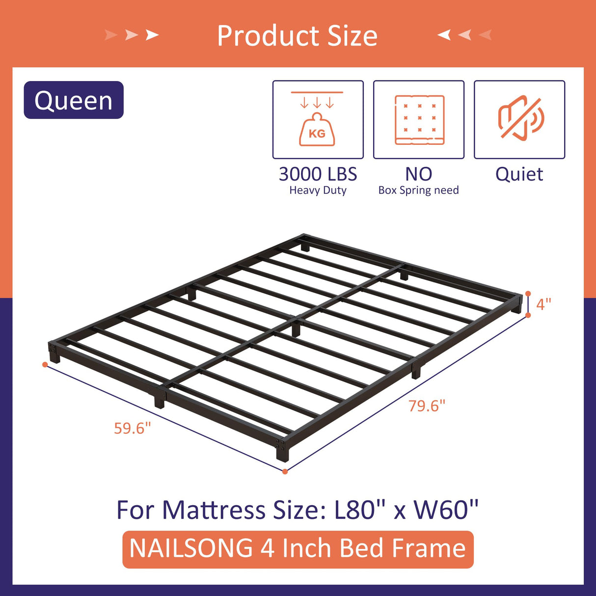 Nailsong 4 Inch Low Profile Queen Bed Frame - Heavy Duty Metal, No Box Spring Needed, Easy Assembly, Black Nailsong