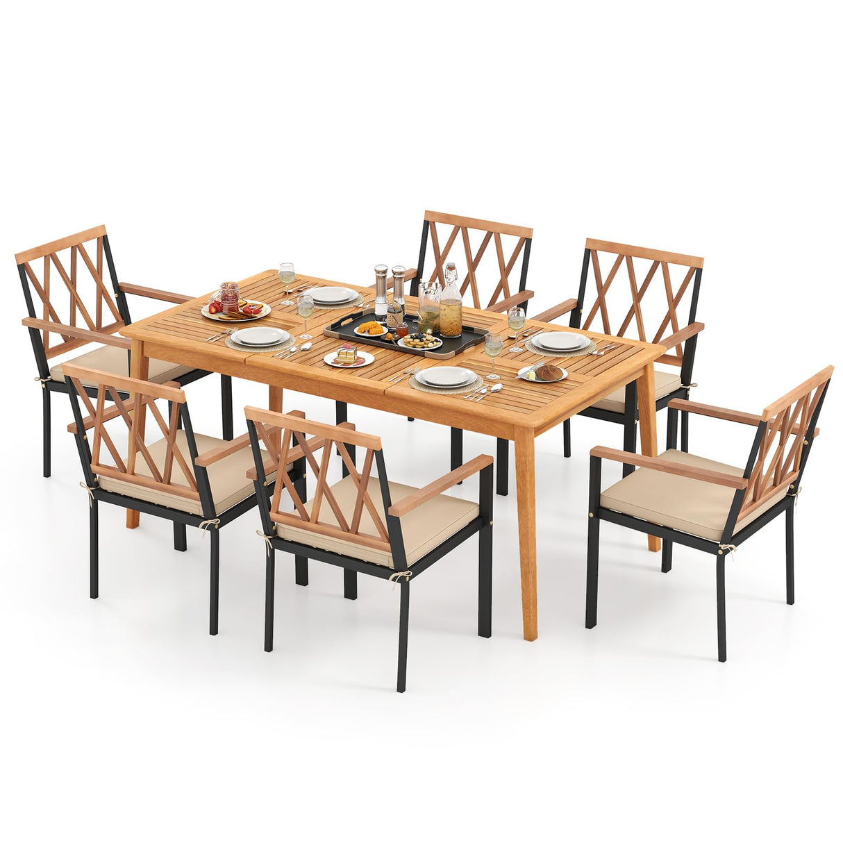 Tangkula 7 Piece Patio Wood Dining Set with Umbrella Hole, Outdoor Rectangle Acacia Table and Cushioned Chairs with Heavy Duty Metal Frame, for Front Porch, Yard, Balcony Tangkula