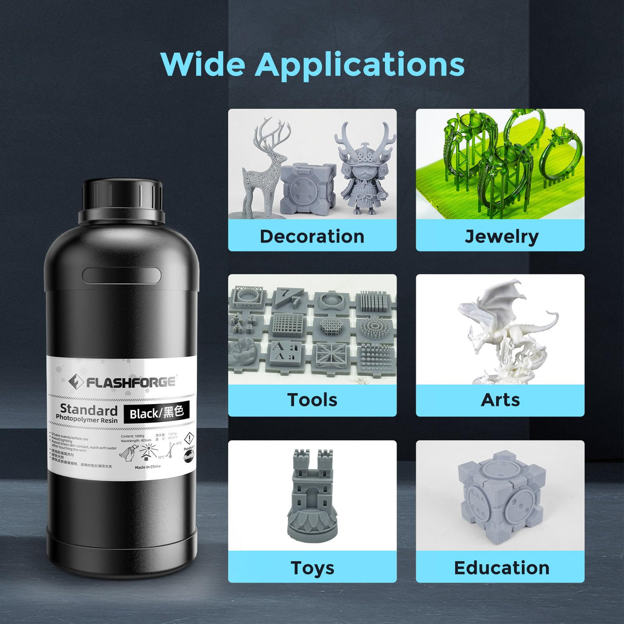 Flashforge 3D Printer Resin 1kg, Fast UV Curing Black Resin 405nm Standard Photopolymer Resin 3D Printer Liquid for LCD/DLP/SLA 3D Printing, High Precision and Low Shrinkage, Low Odor (Black, 1kg) Creator