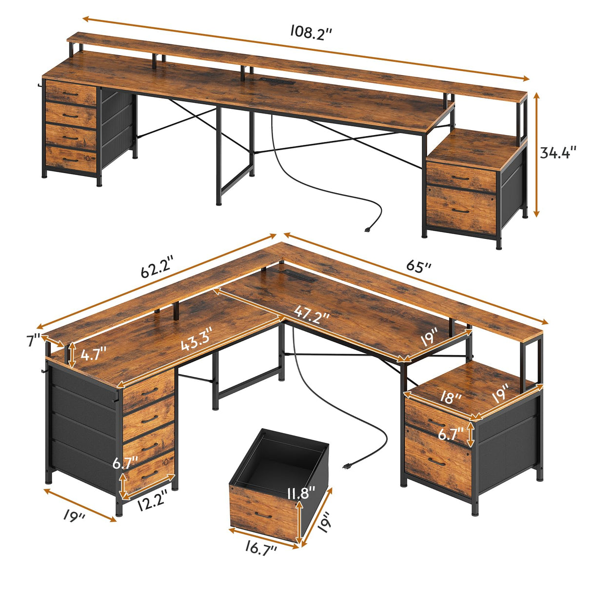 SEDETA L Shaped Desk with 6 Drawer, 108" Home Office Desk with File Drawer & Power Outlet, Corner Computer Desk with Monitor Shelf, Two Person Desk, Gaming Desk with Led Lights, Rustic Brown SEDETA
