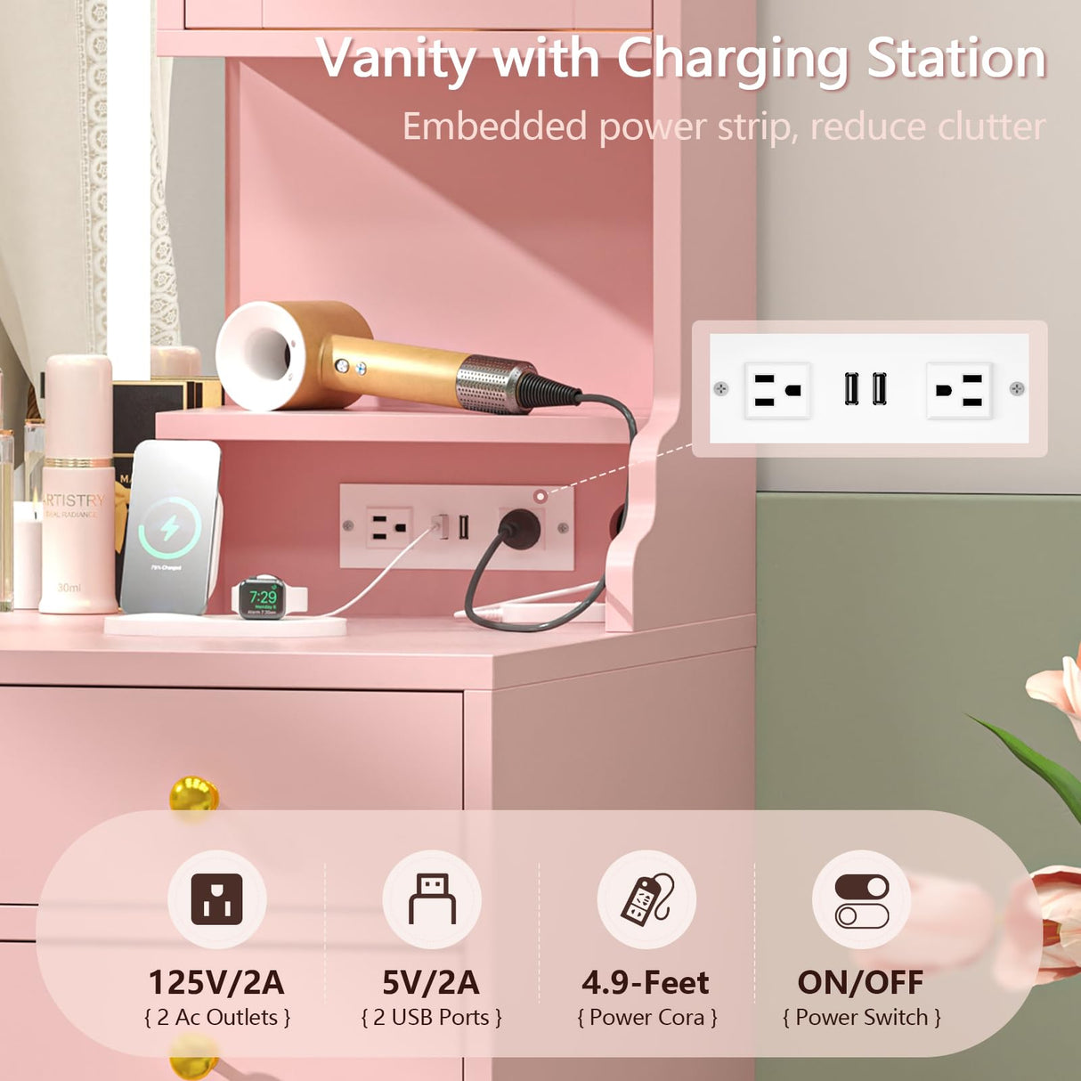 Vanity Desk with Mirror and Lights, Makeup Vanity Table with Power Outlet, Dressing Vanity Table Set with 6 Drawers & 4 Cabinets, 3 Color Modes & Brightness Adjusted, for Bedroom Room, Pink Aiguazi