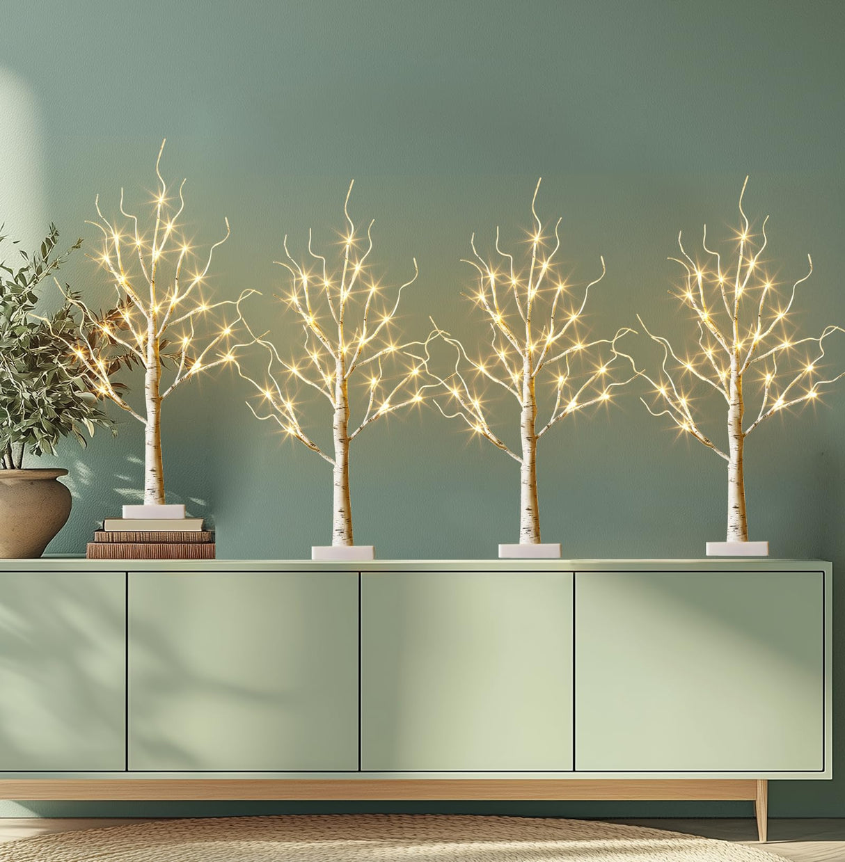 EAMBRITE Home Decorations Light Up White Birch Tree Indoor Christmas Decor, 4 Pack Battery Operated/USB Lighted Tabletop Money Tree Lamp Led Lights Easter Wedding Centerpiece Table Room (2 Ft) EAMBRITE