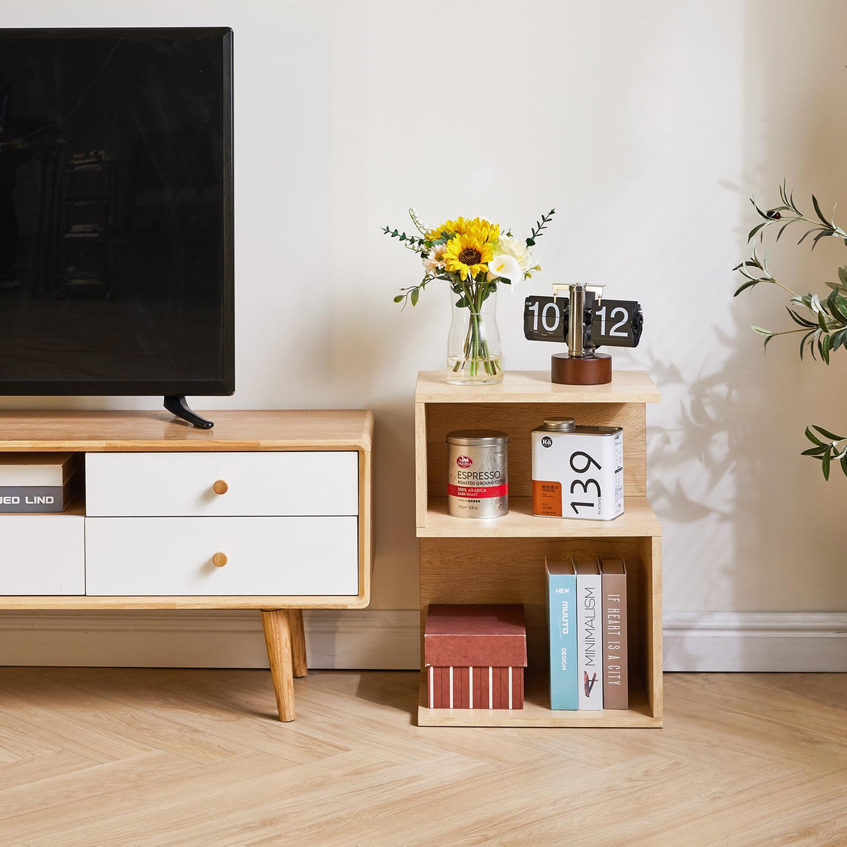 IBUYKE S-Shaped Nightstand, 3-Tier Wood Nightstand with Open Storage, Minimalist End Table for Small Spaces, Easy Assembly, Bedside Table for Bedroom, Natural UWST004R IBUYKE