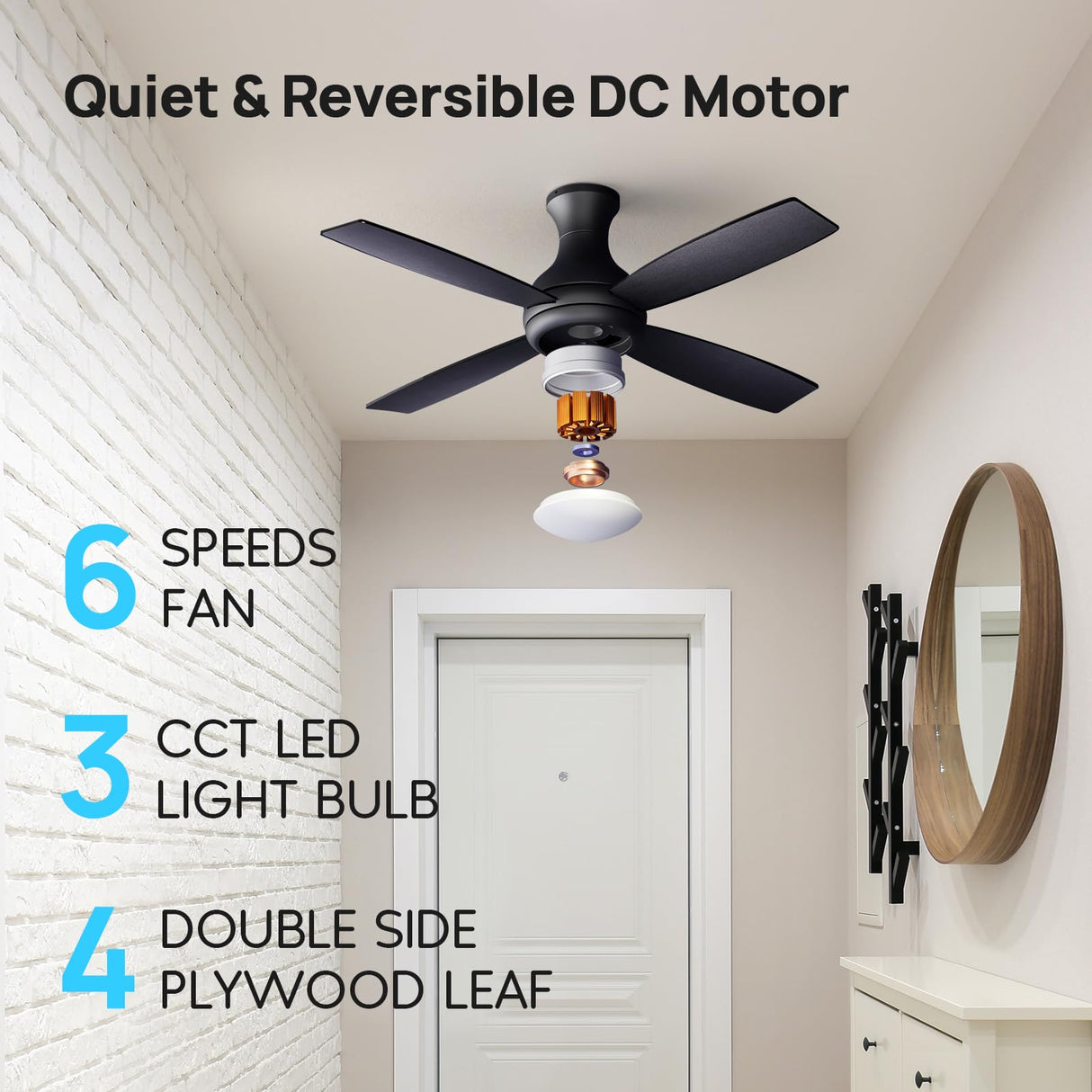 Consciot 52 Inch Ceiling Fan With Lights, Modern Black Ceiling Fan, Remote Control, Quiet Reversible DC Motor, Flush Mount, Dimmable 3CCT LED Light, Double Finish Blade, For Indoor Bedroom Living Room Consciot