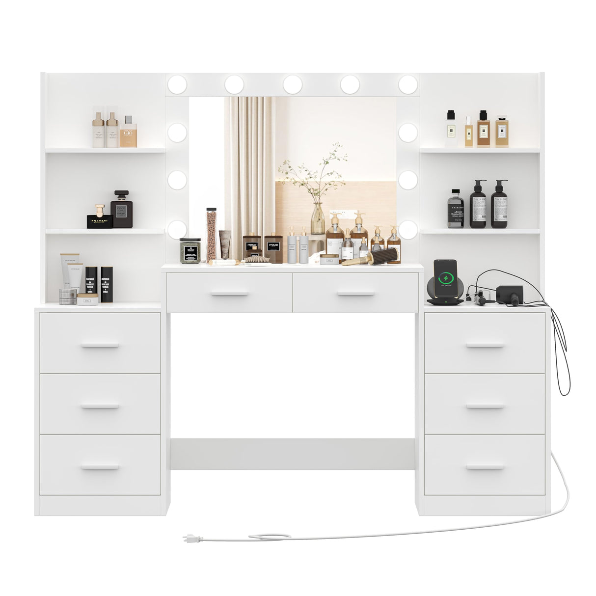 Irontar Makeup Vanity Table with Mirror & Lights, Vanity Desk with Power Strip, Large Drawer & Six Open Storage Dresser, 3 Lighting Modes Adjustable Brightness, Dressing Table, White WDT006W Irontar