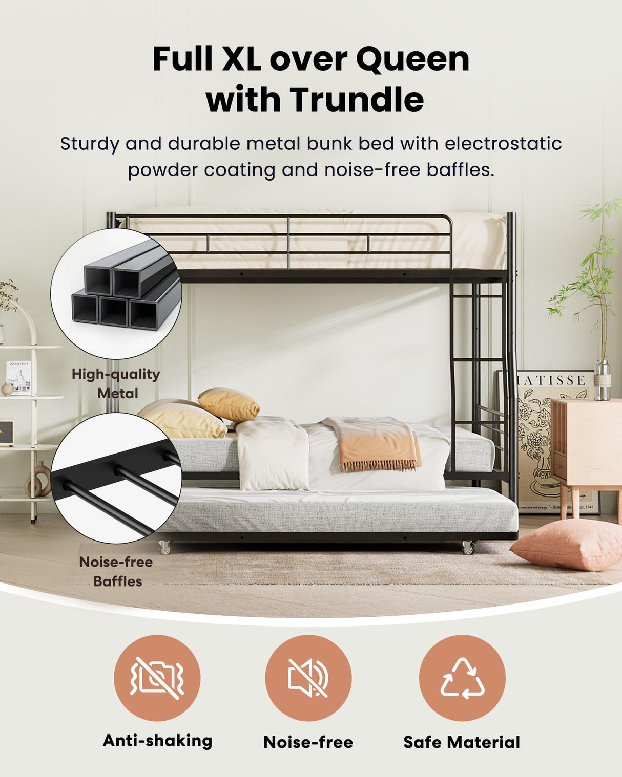 Mixcous Full XL Over Queen Bunk Bed with Trundle, Heavy-Duty Queen Bunk Bed with Safety Ladder and Full-Length Guardrail, Convertible to 3 Beds for Teens and Adults, Black Mixcous