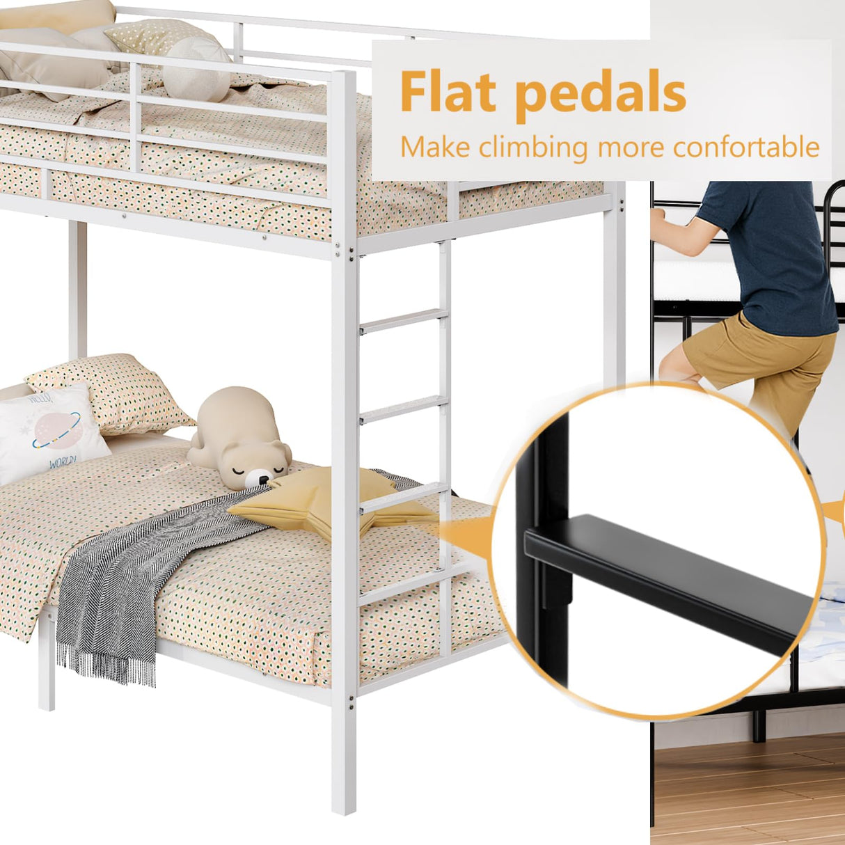 VINGLI Bunk Bed Twin Over Twin with 15 Inches Extra High Guardrail 2 Deckers Bunk Bed with Stairs & Flat Rungs, Heavy Duty Metal Slats, No Box Spring Needed, White VINGLI