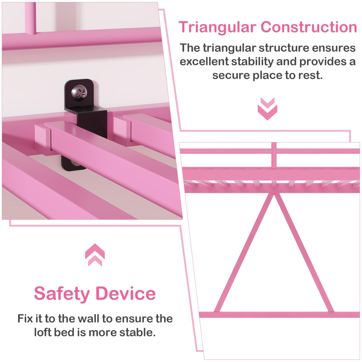 VECELO Metal Loft Bed Twin Size, Heavy Duty Bedframe with Removable Ladder and Safety Guardrail, Space-Saving, Noise Free, No Box Spring Needed, Pink VECELO