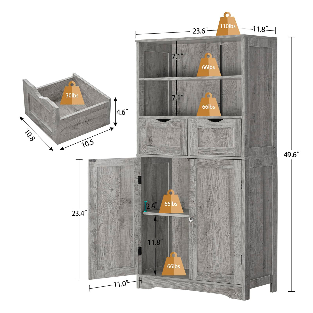 Iwell Tall Storage Cabinet with 2 Drawers & Adjustable Shelves, Bathroom Cabinet with Doors, Cupboard, Floor Cabinet for Living Room, Dining Room, Entryway, Grey Iwell