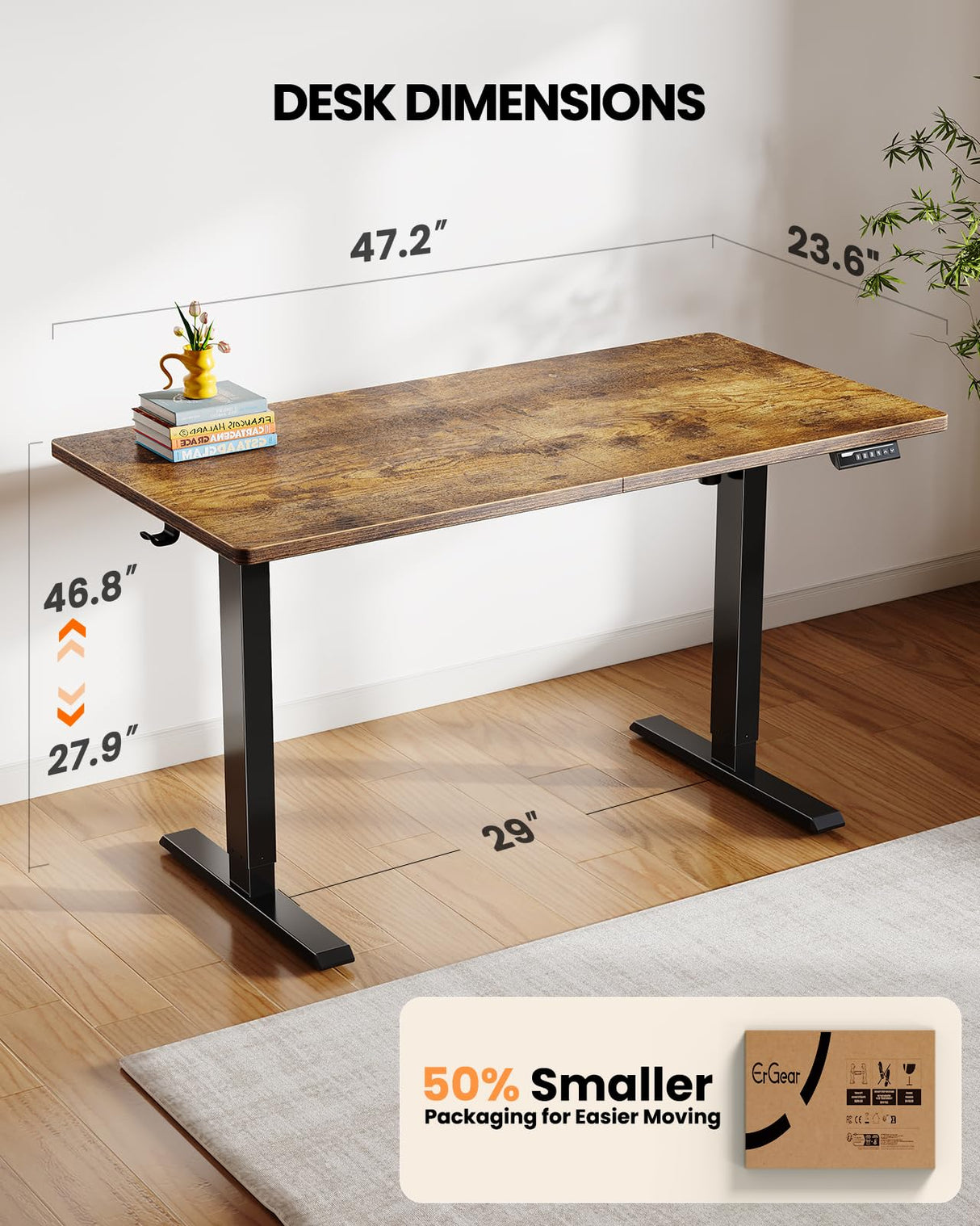 ErGear Electric Standing Desk, 48 x 24 inch Height Adjustable Sit Stand Up Desk, Computer Home Office Desk with 4 Memory Height Buttons, Two Pieces Desktop, Vintage Brown, EGESD110V ErGear