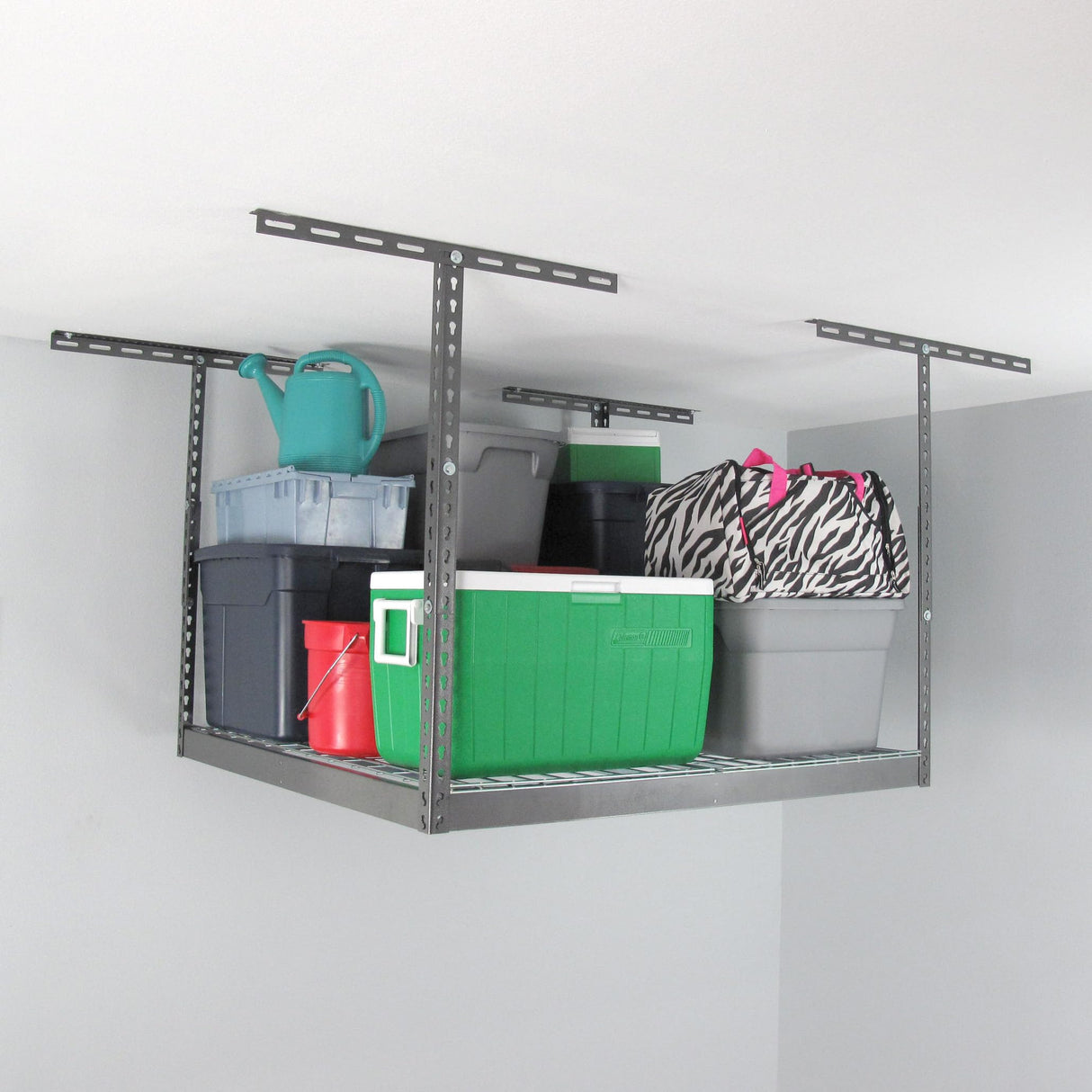 SafeRacks 4x4 Overhead Garage Storage Rack - Heavy Duty Storage Racks, Easy Garage Shelving, Ceiling Mounted Storage Shelves, Grey, 250 lb Capacity, 24"-45" Adjustable Height SafeRacks
