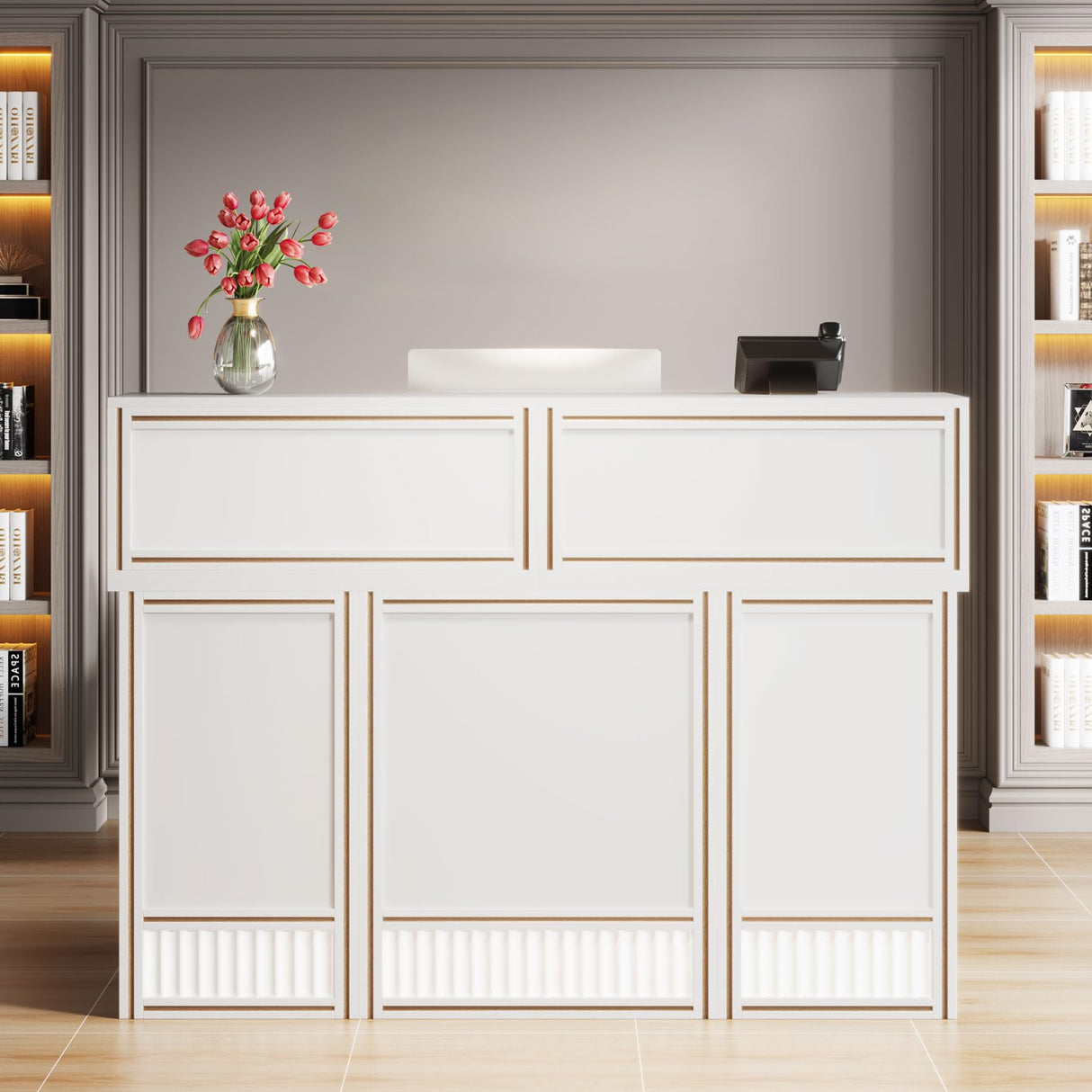 Tribesigns Reception Desk with Counter, 57-Inch Rustic Front Receptionist Table, Boho Welcome Desk Checkout Counter for Office, Retail, Lobby, Beauty Salon (White) Tribesigns