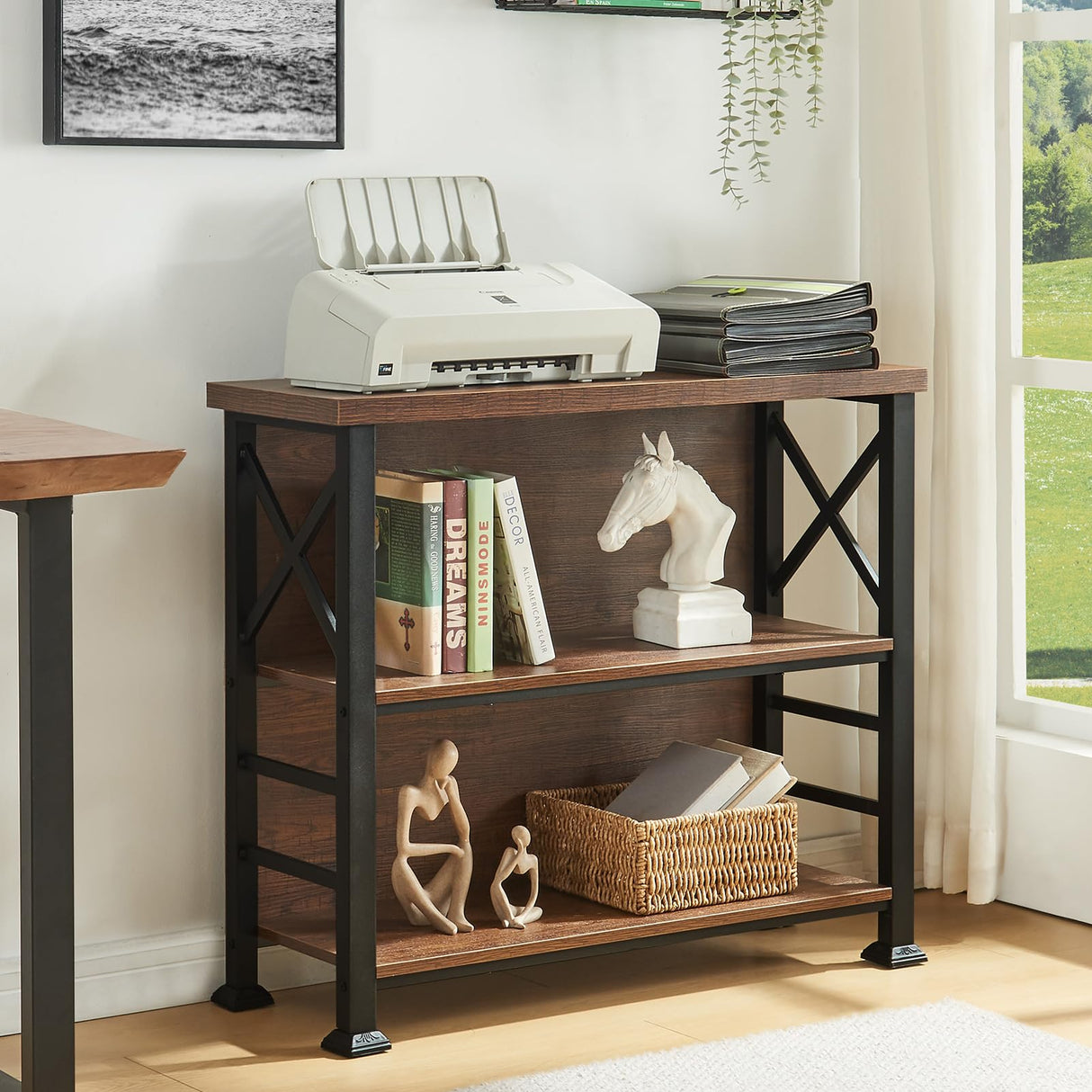 HOMBAZAAR Book Shelf,3 Tier Small Bookshelf with Metal Frame and Backboard,Rustic Brown Deep Bookcase with Engineered Wood Shelves,Short Shelf Bookcase for Living Room,Bedroom and Office HOMBAZAAR