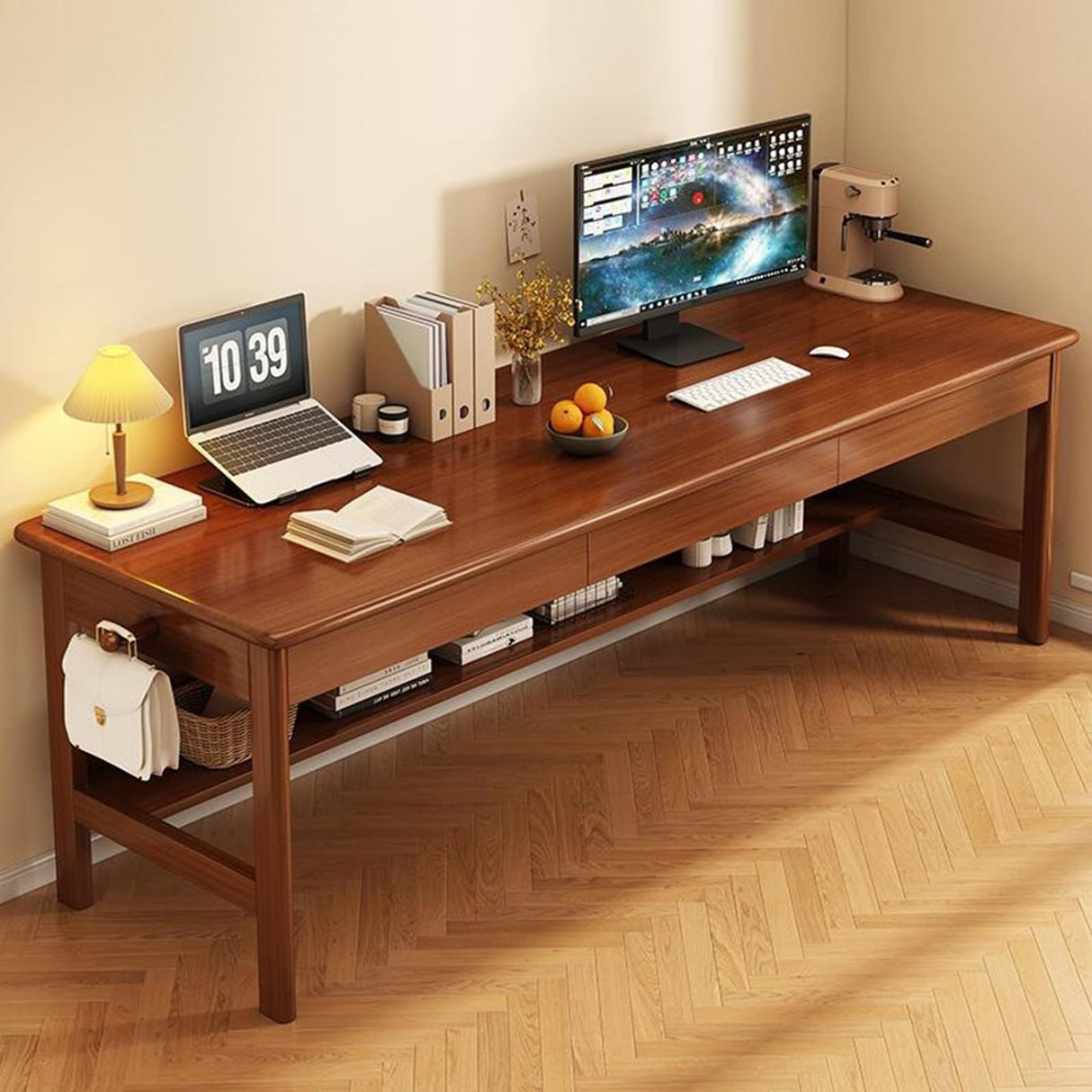 Ytaoka 70.86" Long Solid Wood Desk with 3 Drawers Home Office Computer Desk Mid Century Modern Desk Large Study Writing Desk Simple Wooden Desk Walnut Real Wood Desk Study Table Workstation Ytaoka