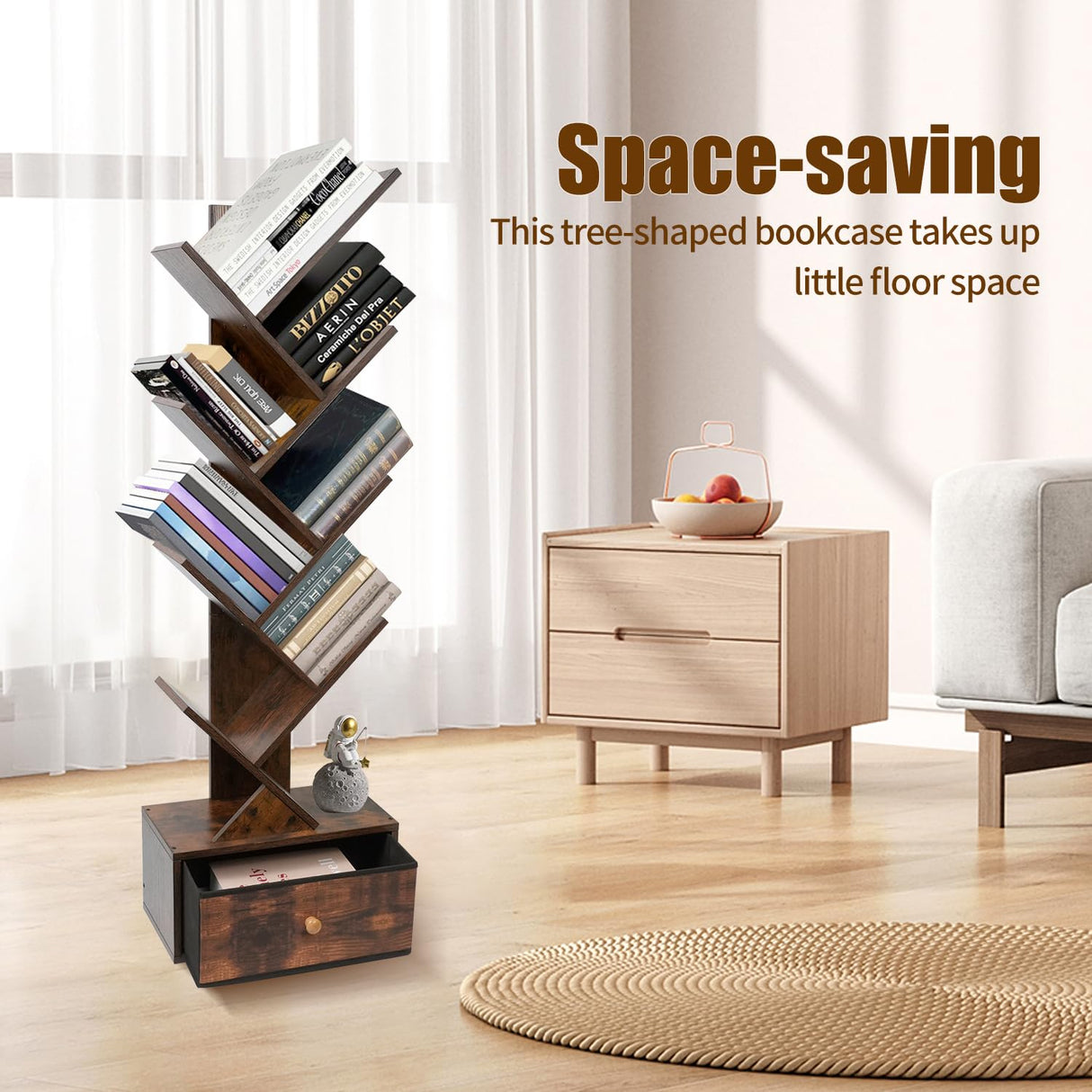 Yzosvki 8-Tier Rustic Brown Tree Bookshelf with Drawer for Stylish Storage Yzosvki