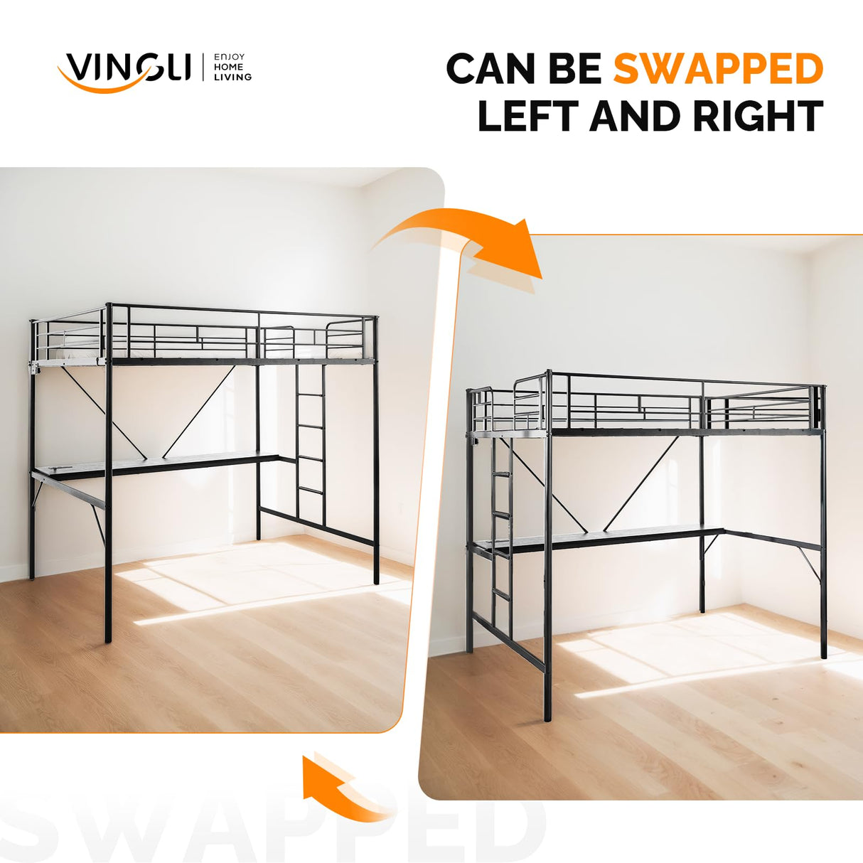 VINGLI Full Size Metal Loft Bunk Bed Frame for Kids Teens Adults with Desk Underneath,2 Charging Station,LED Lights,Safety Guardrail and Stair,No Box Spring Needed,Black VINGLI